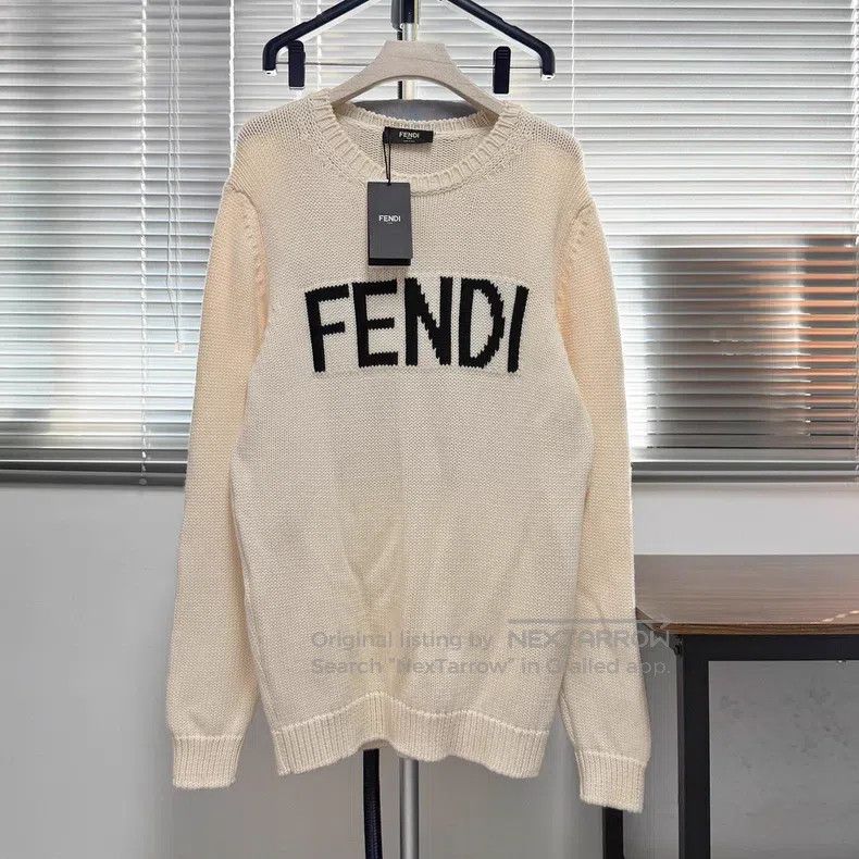Fendi Knit sweater wool sweater with flower logo beige