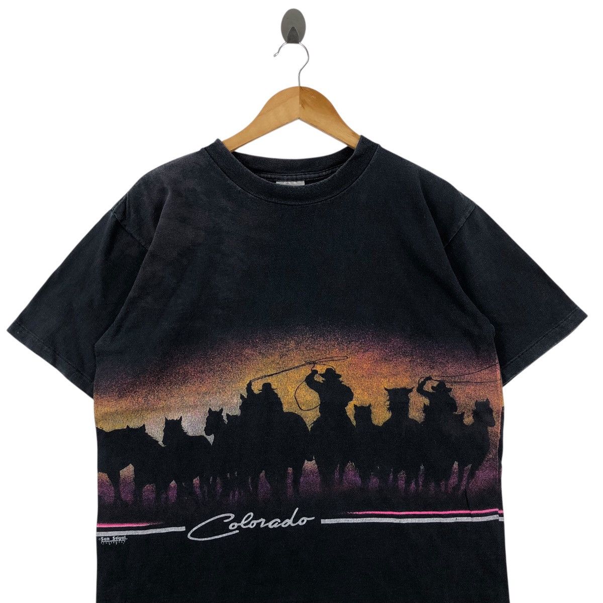 Vintage Vintage 1991 San Segal Sportswear AOP Horse Cowboy TShirt Size US XL / EU 56 / 4 - 2 Thumbnail