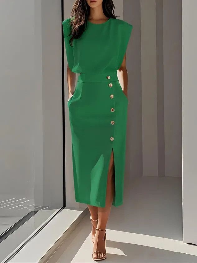 Other Women's Round Neck Short Sleeve Dress With Side Slit Pockets Size S / US 4 / IT 40 - 1 Thumbnail