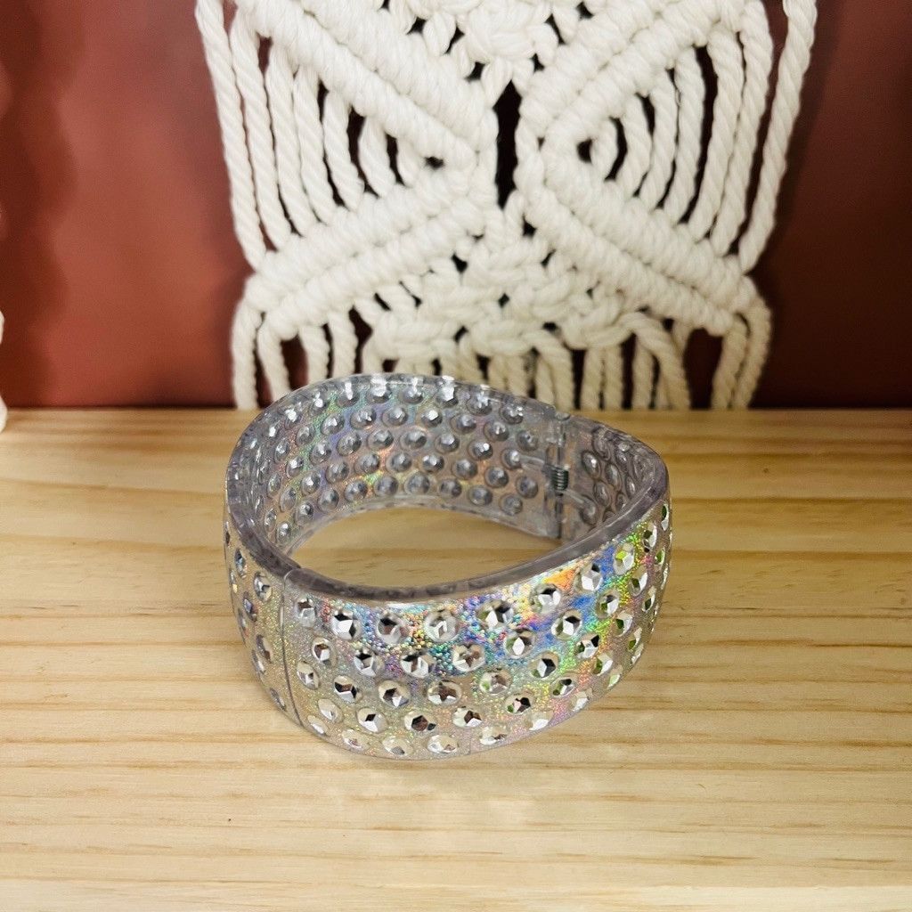 Jewelry Iridescent Acrylic Bangle Bracelet Hinged Design Silver Size ONE SIZE - 2 Thumbnail