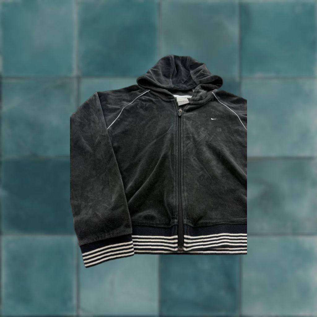 Nike Nike Velour Hoodie Women's Small Black Full Zip Swoosh Striped Trim Piping Jacket Size S / US 4 / IT 40 - 1 Thumbnail