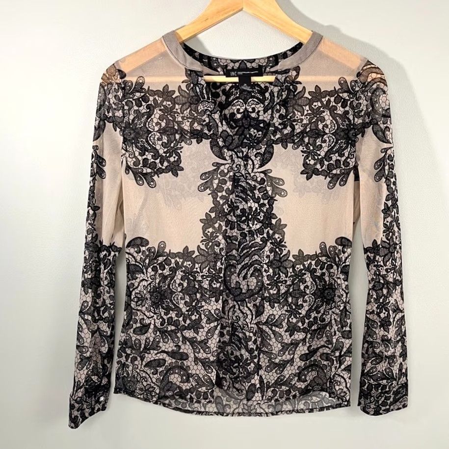 Vintage INC International Concepts Blouse Womens M Sheer Black Tan Lace Layers Neck Size M / US 6-8 / IT 42-44 - 2 Thumbnail