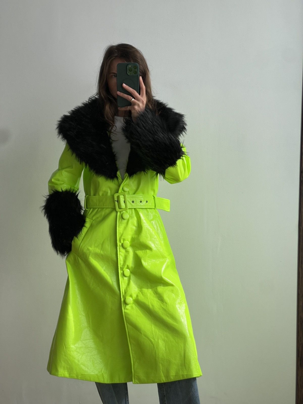Jaded London Jaded London Neon Green Trench Coat Faux Fur Trims UK10 Size S / US 4 / IT 40 - 1 Thumbnail
