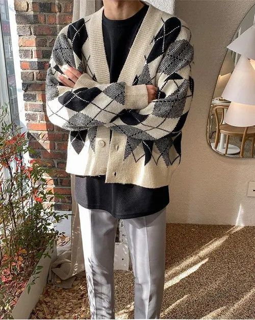 VIBE Argyle Graphic Knit Cardigan Sweater Size US M / EU 48-50 / 2 - 2 Thumbnail