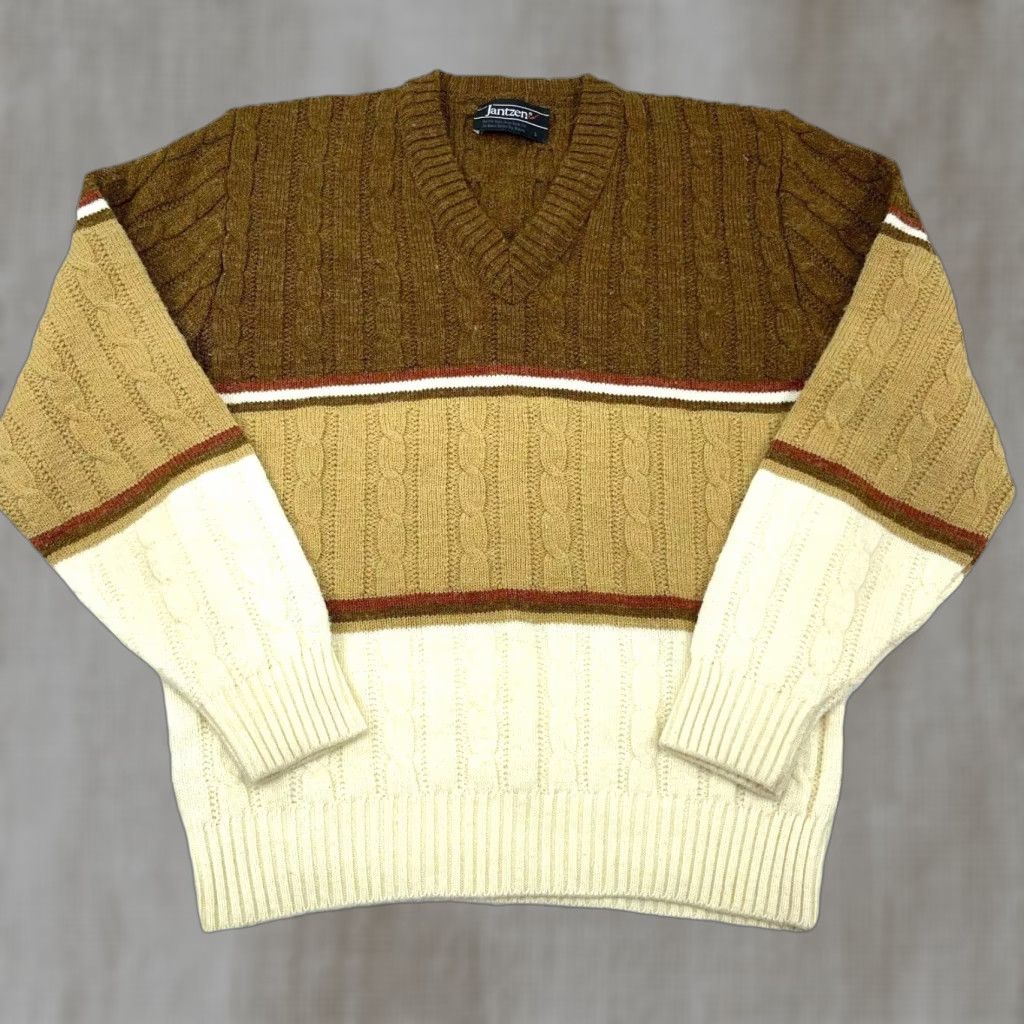 Jantzen Vintage Jantzen Men's Sweater L Cable Knit Brown Acrylic V-Neck Classic Pullover Fall Winter Seasonal Size US L / EU 52-54 / 3 - 1 Thumbnail