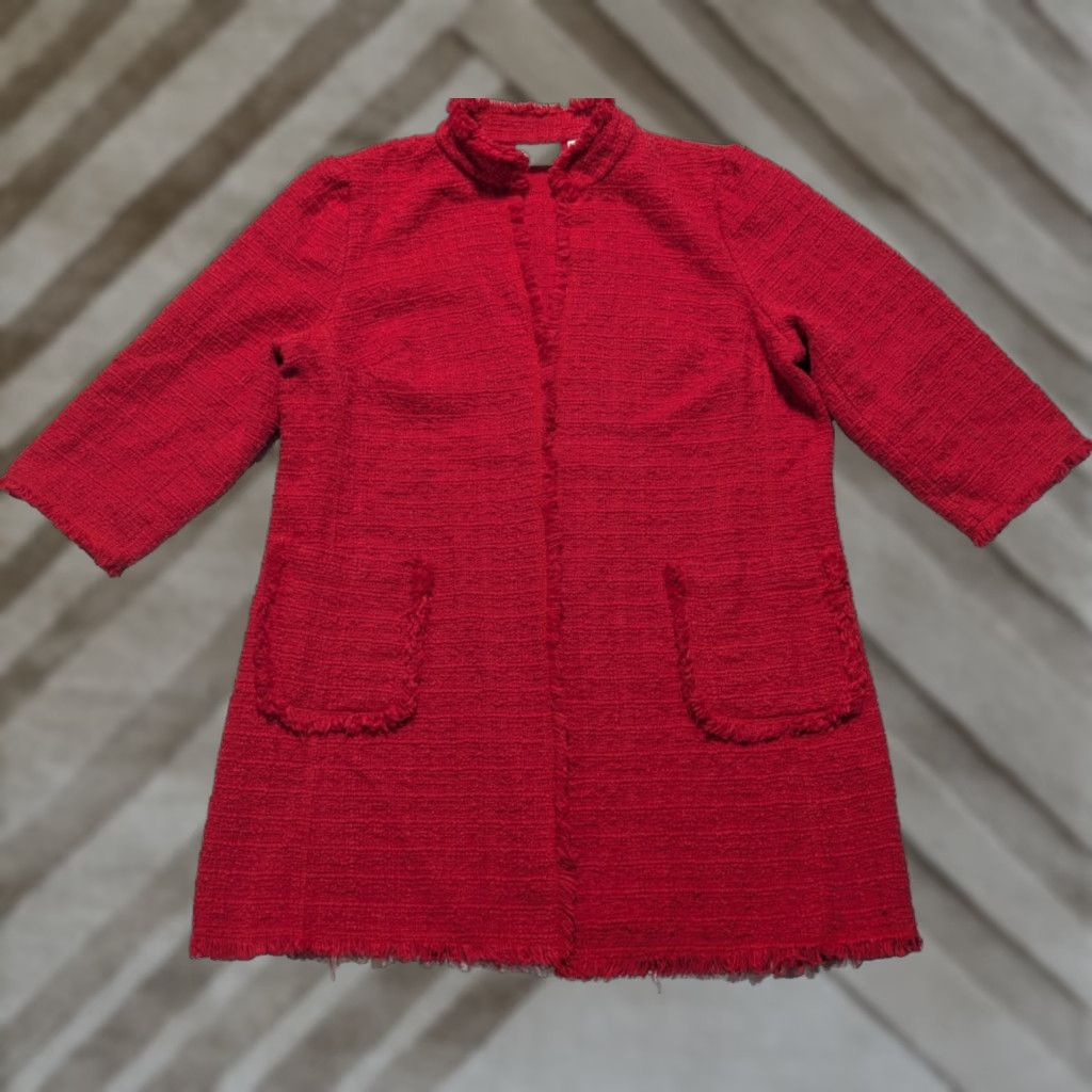Vintage Chicos Raw-Edge Tweed Jacket Duster Cardigan Mandarin Collar Red Size L Large Womens Sweater Knit Open Front Size L / US 10 / IT 46 - 1 Thumbnail