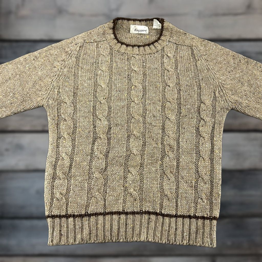 Vintage VINTAGE Kingsport Sweater Womens L Beige Wool Cable Knit Pullover 90s Speckle Crew Neck Long Sleeve Regular Fit 90s Womens Size L / US 10 / IT 46 - 1 Thumbnail