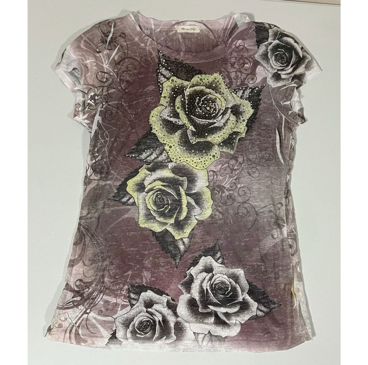 Vintage Rose Floral Diamond Studded Lace T-Shirt Top Tee Size S 🌹✨ Size S / US 4 / IT 40 - 1 Thumbnail
