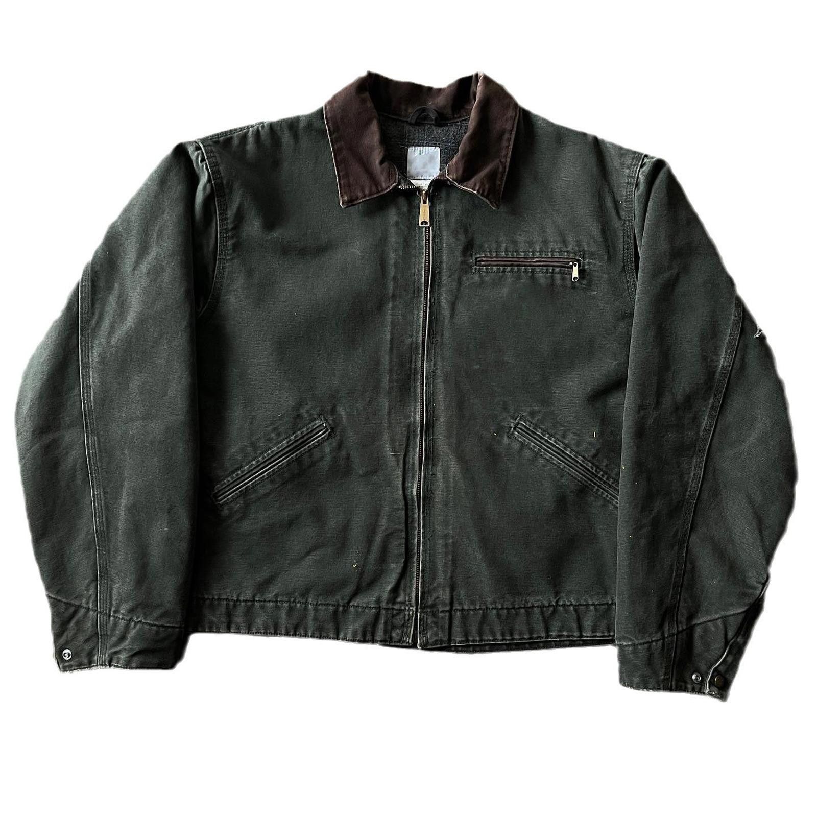 Vintage Dark Green Canvas Jacket with Brown Collar, Casual Outerwear Size US M / EU 48-50 / 2 - 5 Thumbnail
