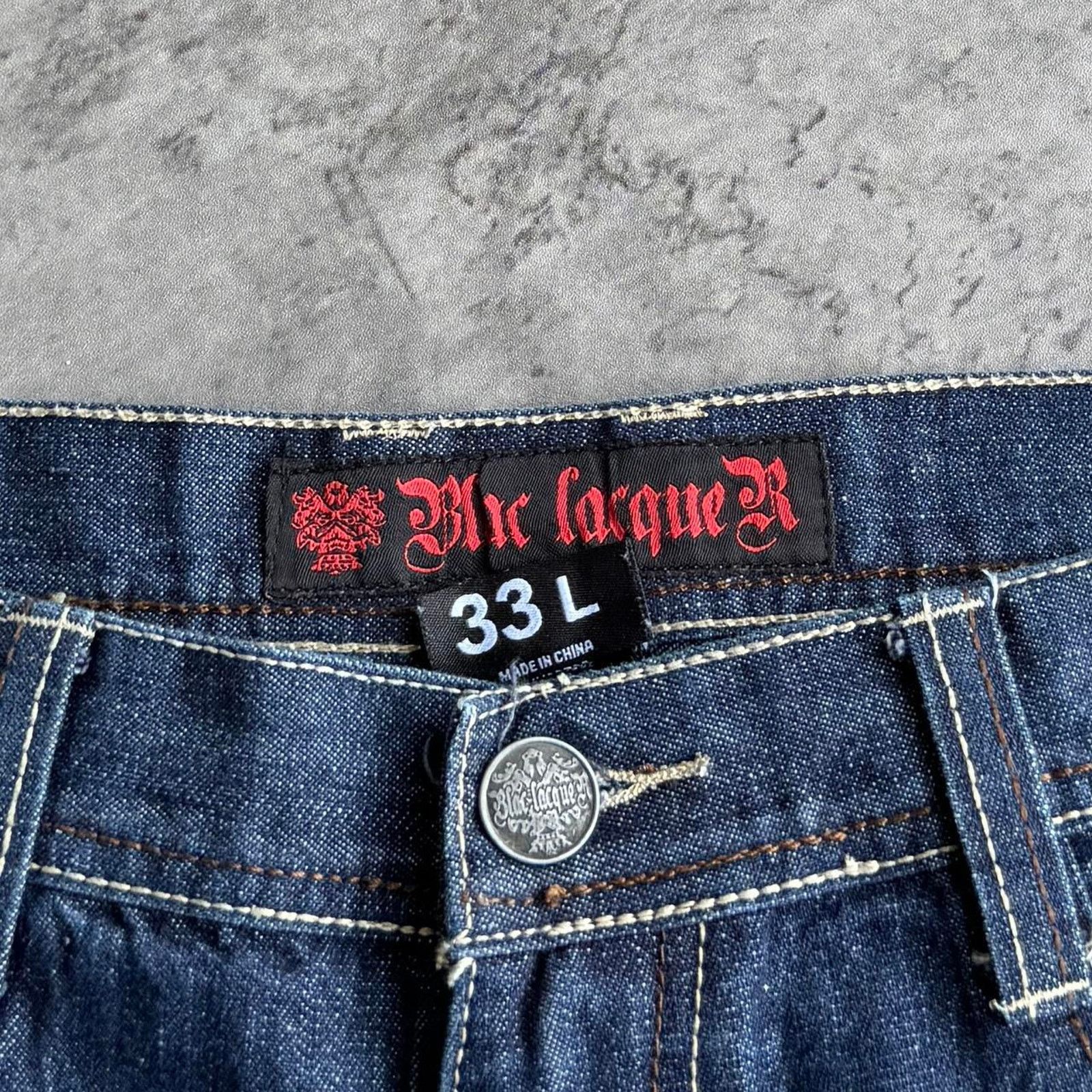 JNCO × Japanese Brand × Southpole Vintage Y2K Black Lacquer Embroidered Grunge Opium Jeans Size US 33 - 4 Thumbnail
