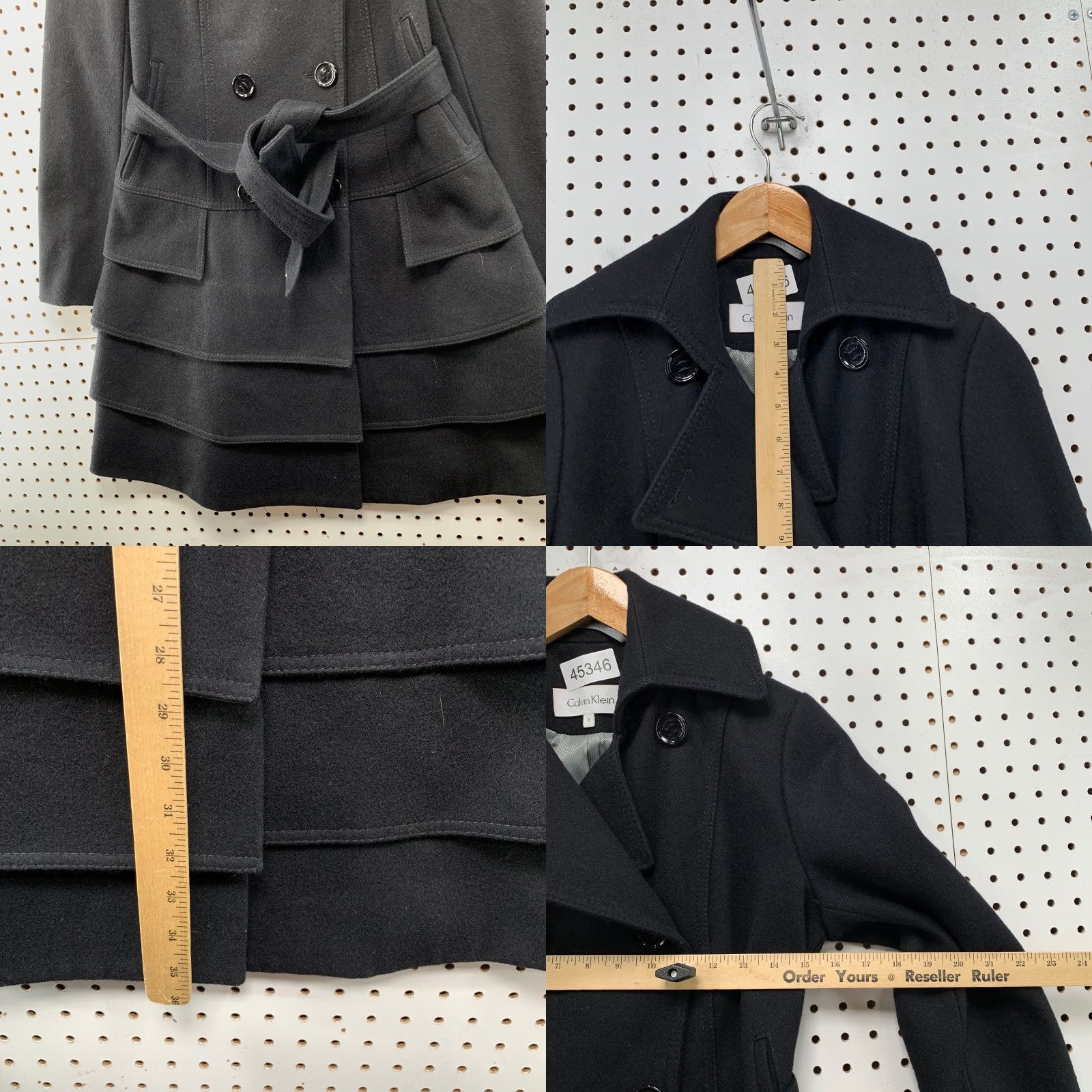 Calvin Klein Calvin Klein Wool Coat Women Black 2 Tiered Belted Double Breasted Ruffle Skirt Size 26" / US 2 / IT 38 - 8 Thumbnail