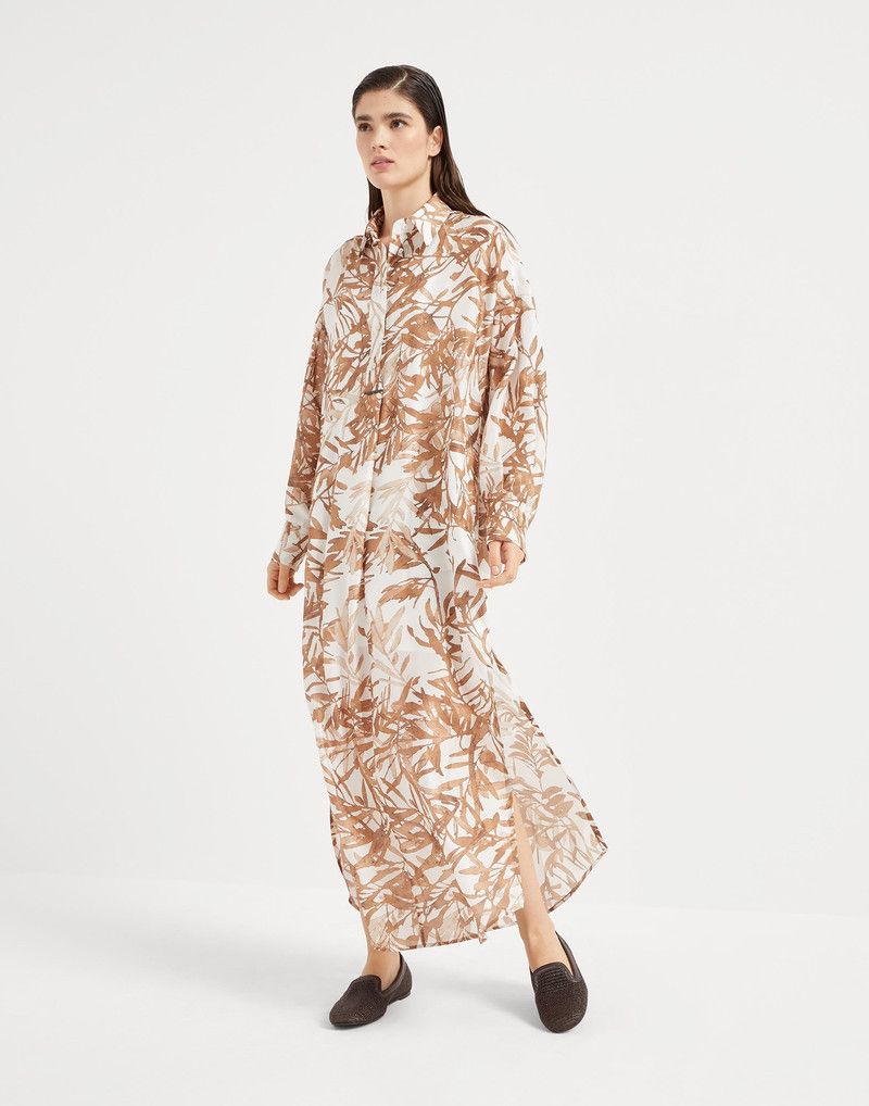 Brunello Cucinelli o1la1rc1a0326 Herbarium Print Shirt Dress in White/Beige Size L / US 10 / IT 46 - 1 Thumbnail