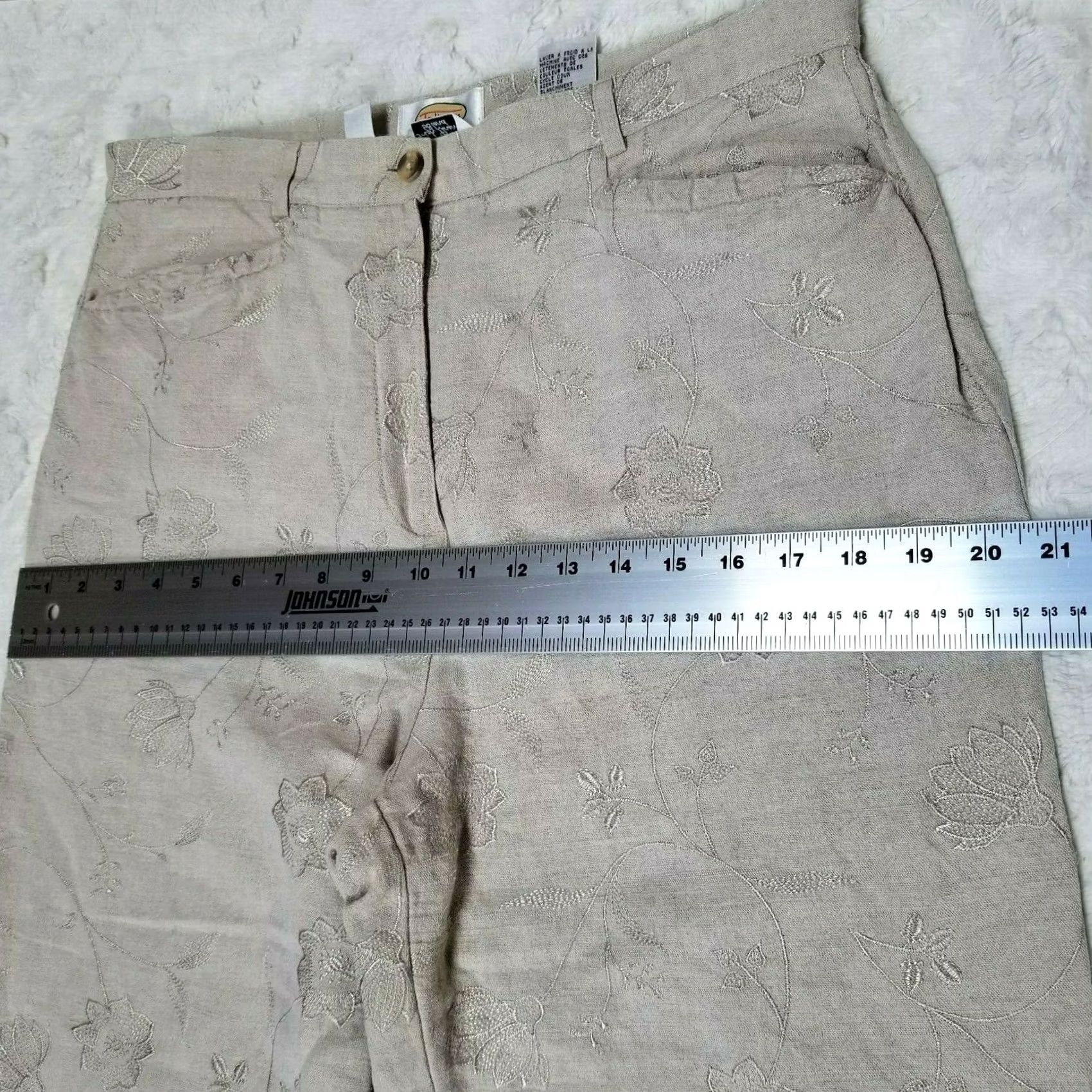 Talbots Talbots Womens Irish Linen Blend High Rise Pants 14 Embroidered Straight Leg Beige Floral Pocketed Size 36" / US 14 / IT 50 - 6 Thumbnail