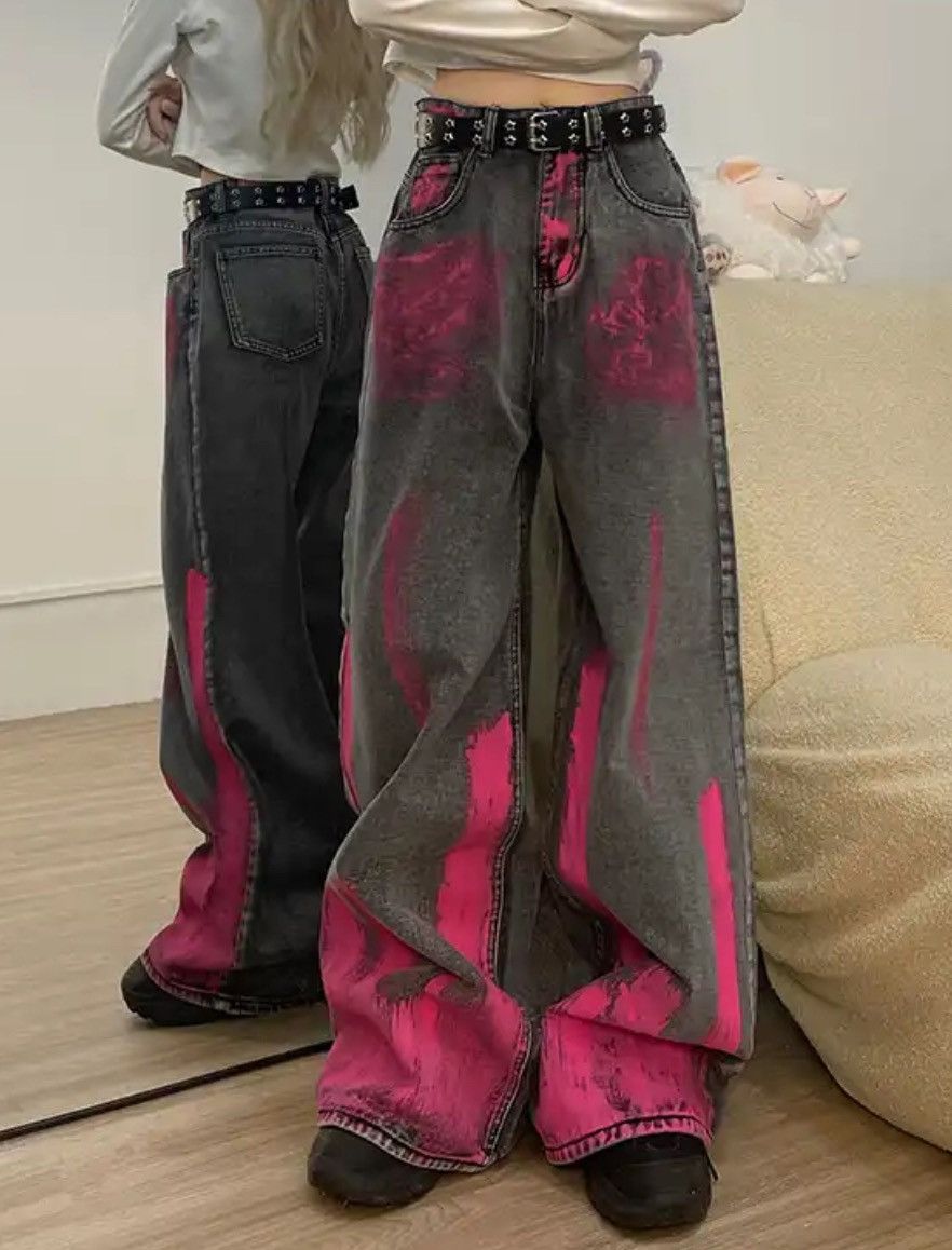 image of Distressed Denim Wide Leg Jean Female Trouser Printing Baggy Denim Pants in Black, Women's (Size 25