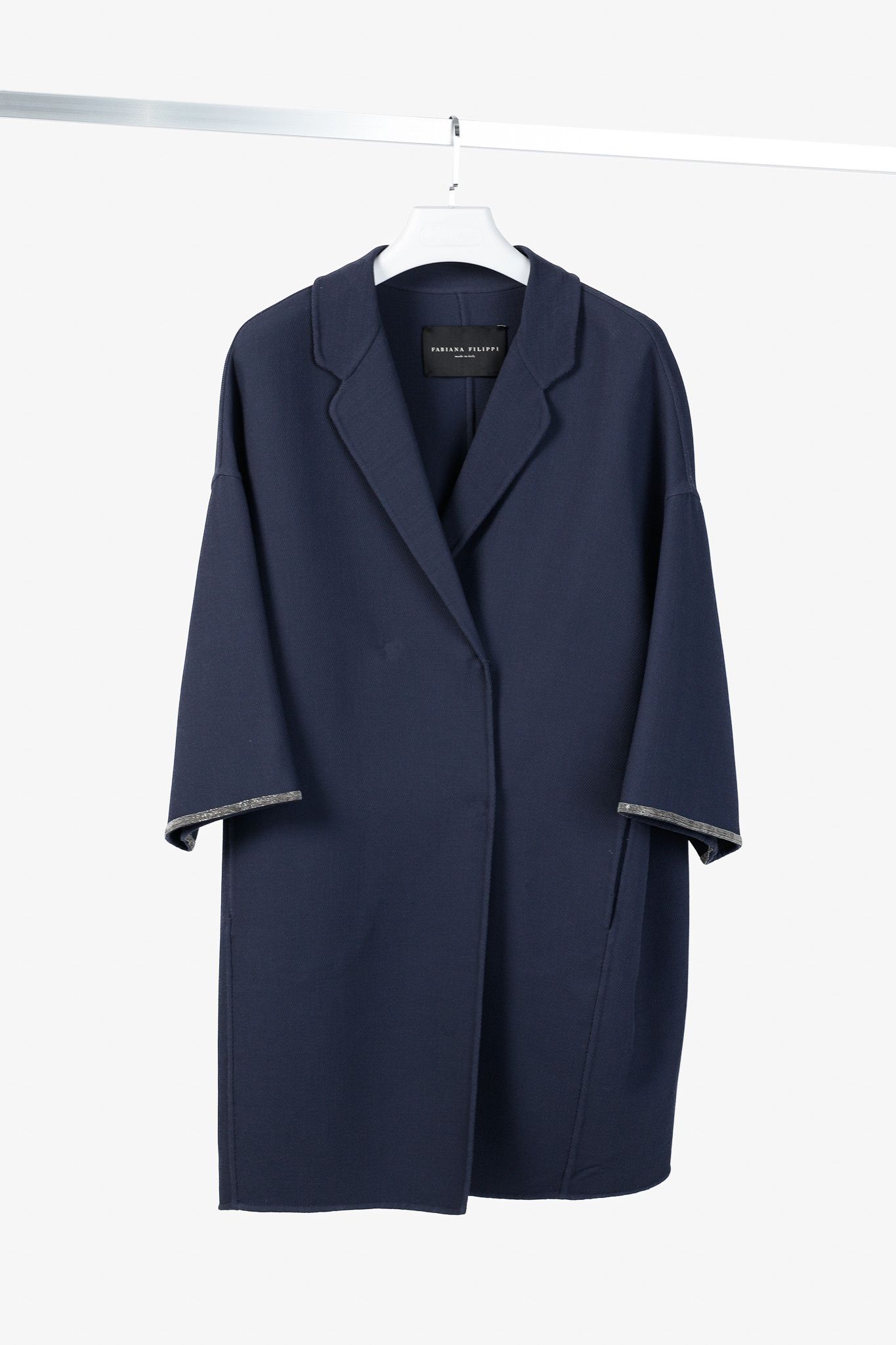 Fabiana Filippi Navy Twill Bead-Trim Double-Breasted Coat