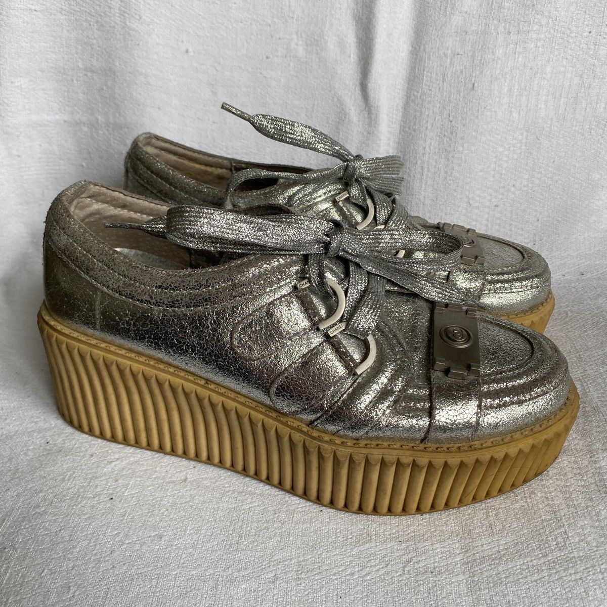 Chanel Cnanel Silver Foil Platform Creeper Sneakers Size US 8 / IT 38 - 1 Thumbnail