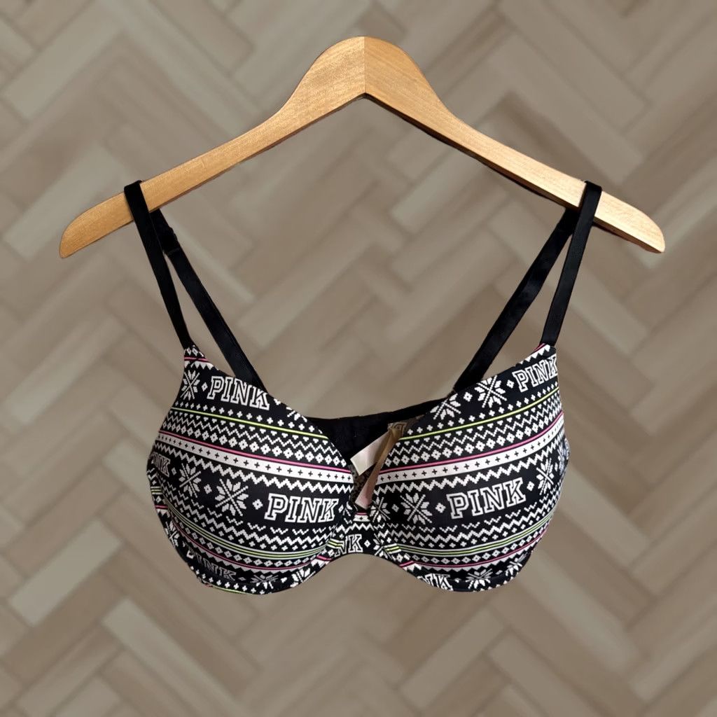 Victoria's Secret Victoria's Secret Pink Wear Everywhere Push Up Bra 34D Black Floral Underwired Velvet 34 Band Womens Size ONE SIZE - 1 Thumbnail