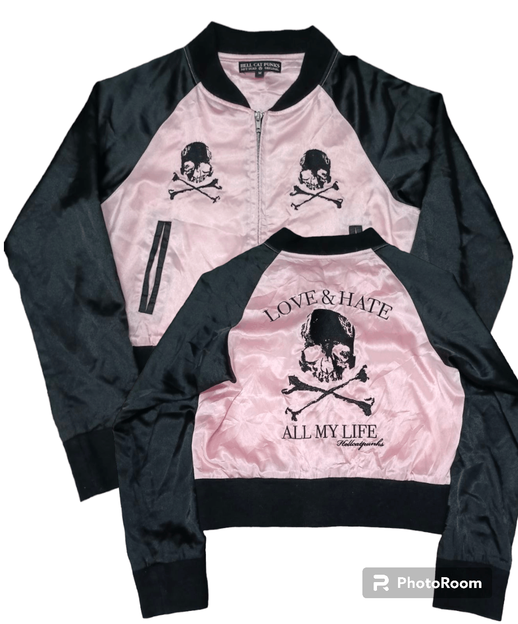 image of Hype x If Six Was Nine Hell Cat Punk Not Dead Love&hate All My Live Satin Jacket in Black Pink, Wom