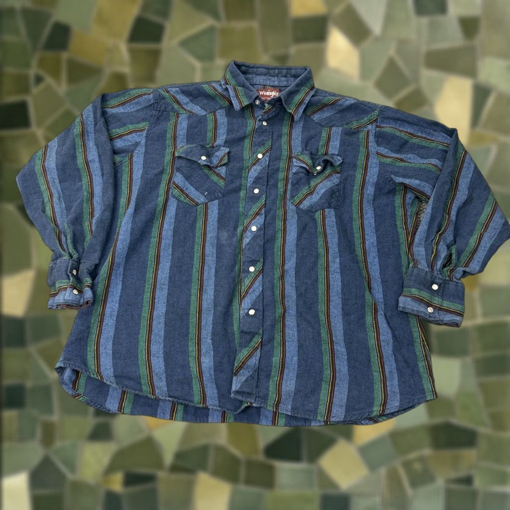 Wrangler VINTAGE Wrangler Shirt Mens XL Blue Green Flannel Western Pearl Snap Stripe 90s Western Mens XL Blue Stripe Shirt Size US XL / EU 56 / 4 - 1 Thumbnail