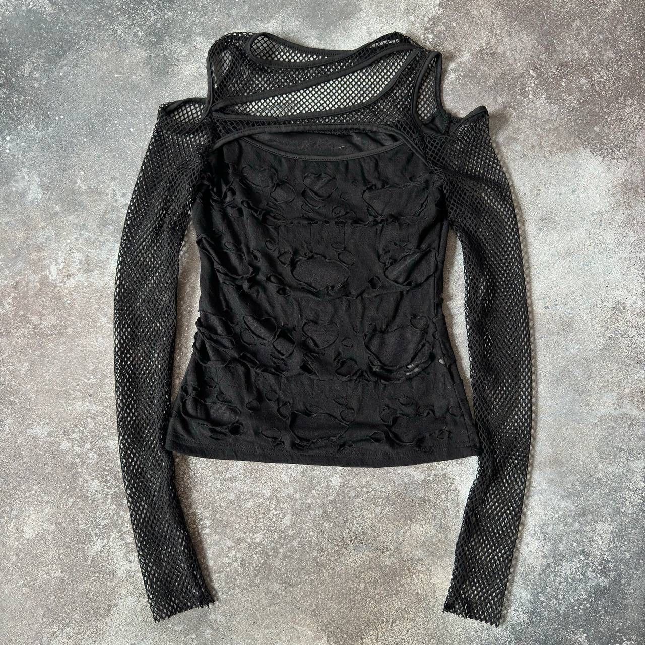 20471120 Goth Asymmetric Mesh Distressed Long Sleeve Top Size S / US 4 / IT 40 - 1 Thumbnail