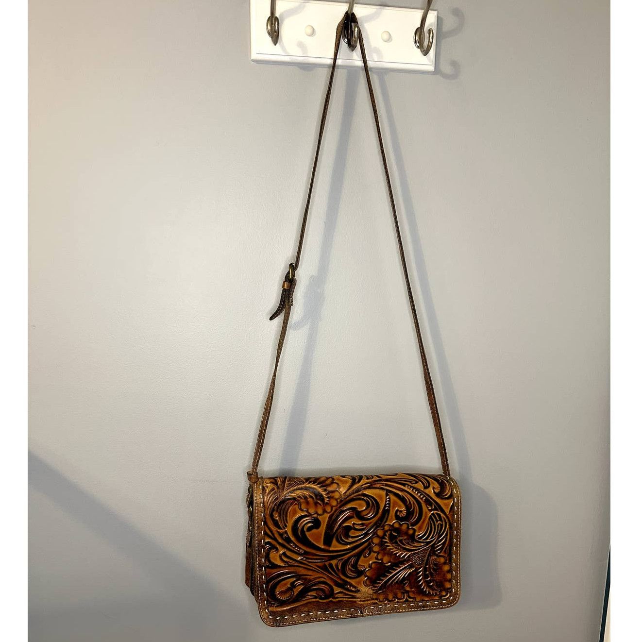 image of Patricia Nash Leather Flap Tooled Crossbody Purse Bag Brown, Women's