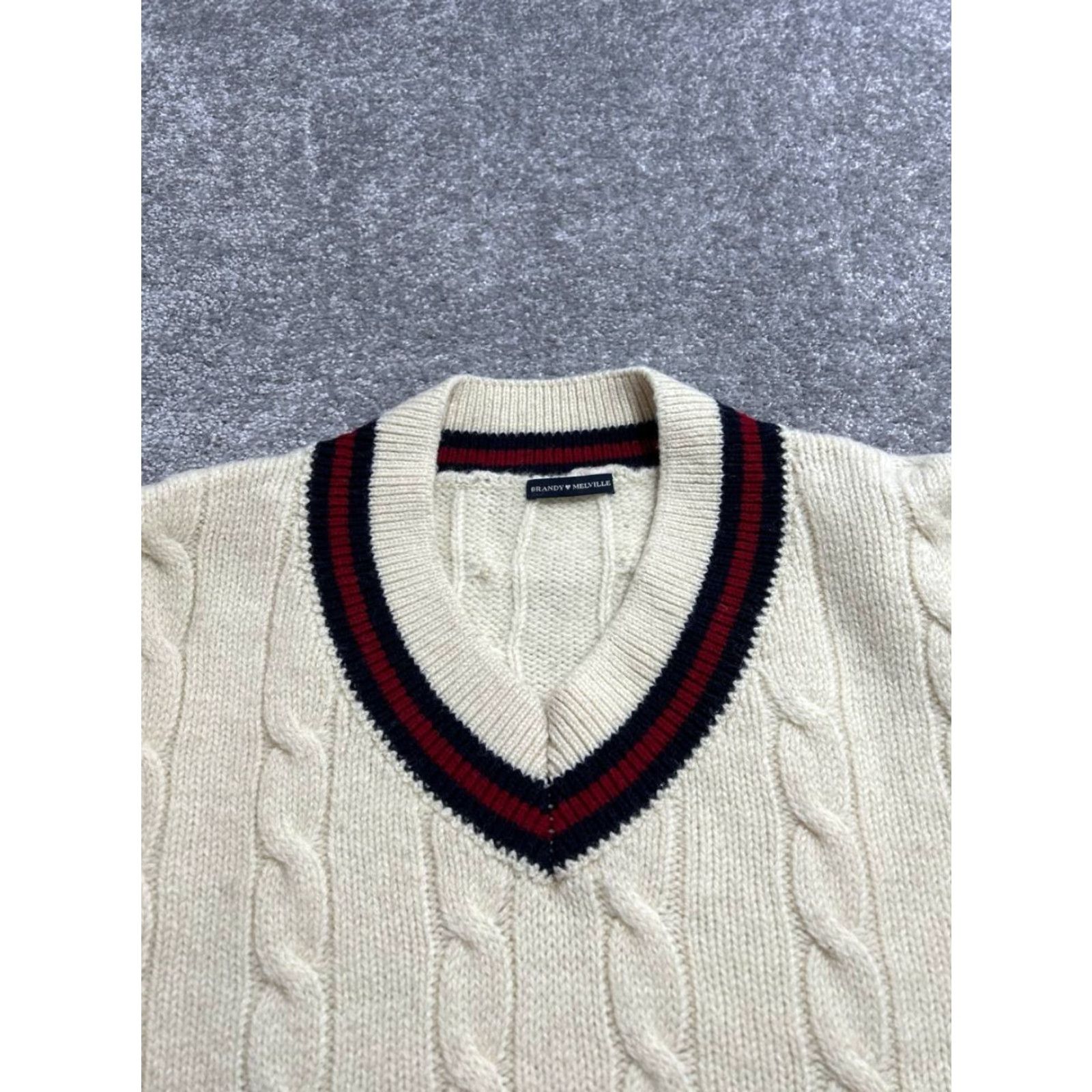 Brandy Melville Brandy Melville Sweater Womens One Size Beige Wool Cable-Knit Ribbed Trim V-Neck Pullover Size ONE SIZE - 3 Thumbnail