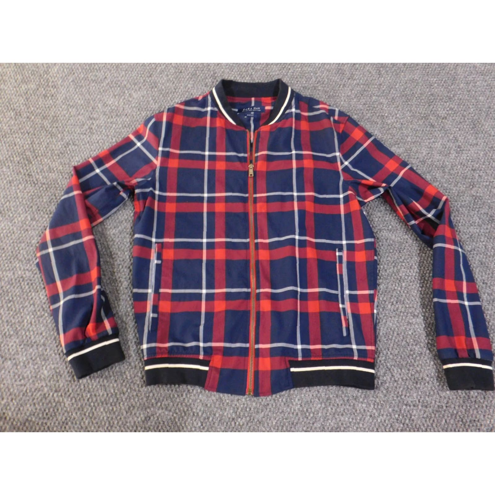 Zara Jacket Men Bomber City Red Slim Fit Zip Plaid Mid-Length Casual Lined Softshell Stretch Regular Size S