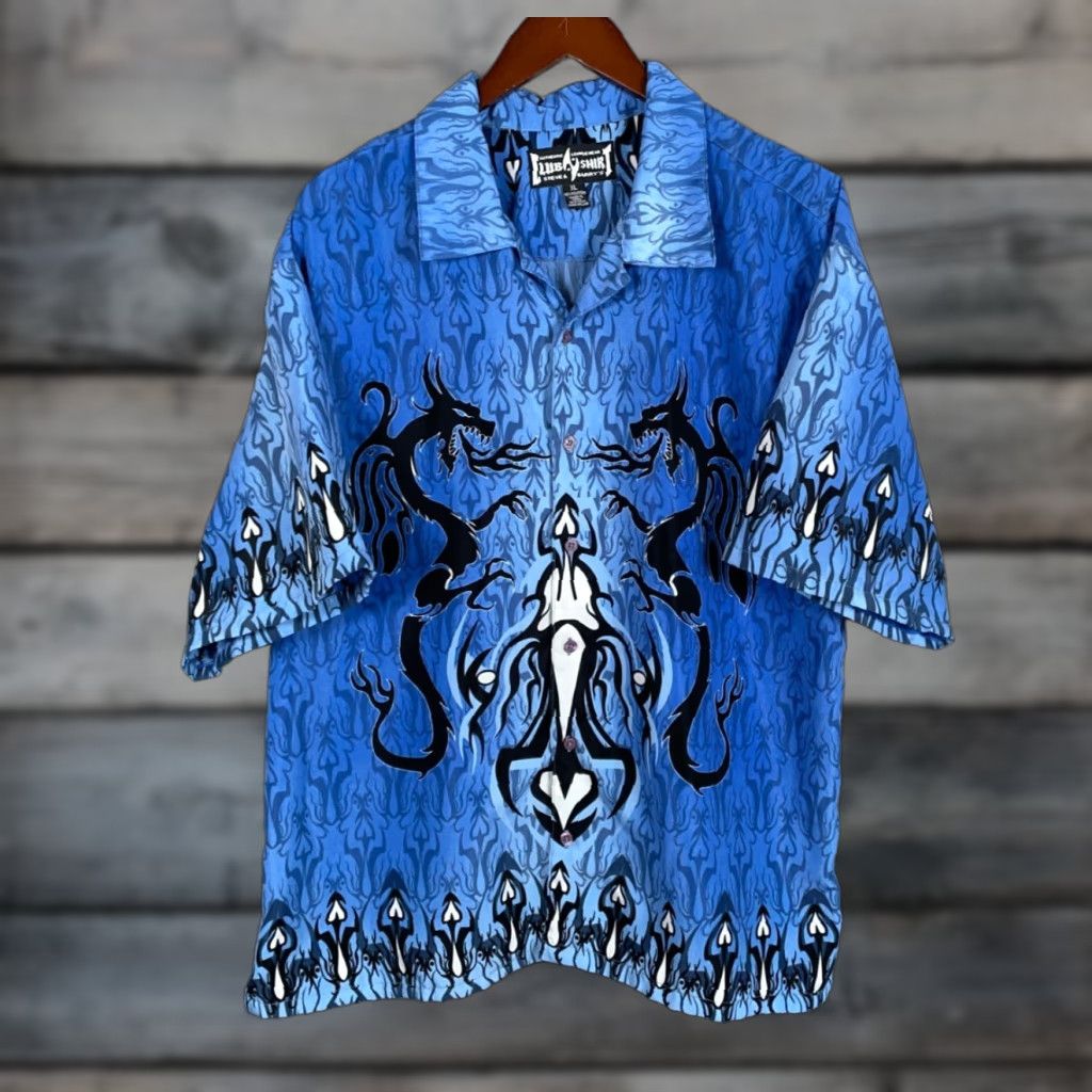 Vintage Y2K Tribal Dragon Motif Shirt Adult XL Blue AOP Camp Collar Retro 2000s Size US XL / EU 56 / 4 - 1 Thumbnail