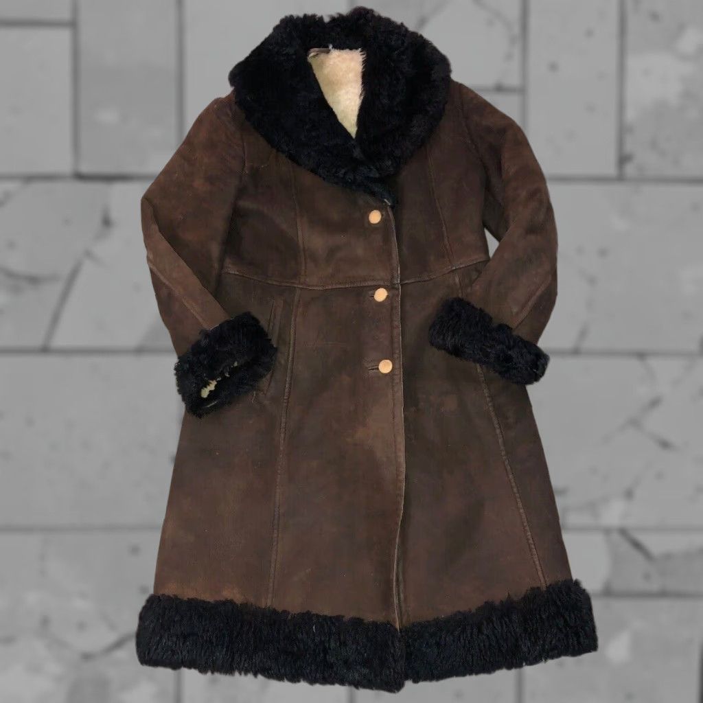 VINTAGE Women's Brown Leather Shearling Sheepskin Coat Fur Trim Size M