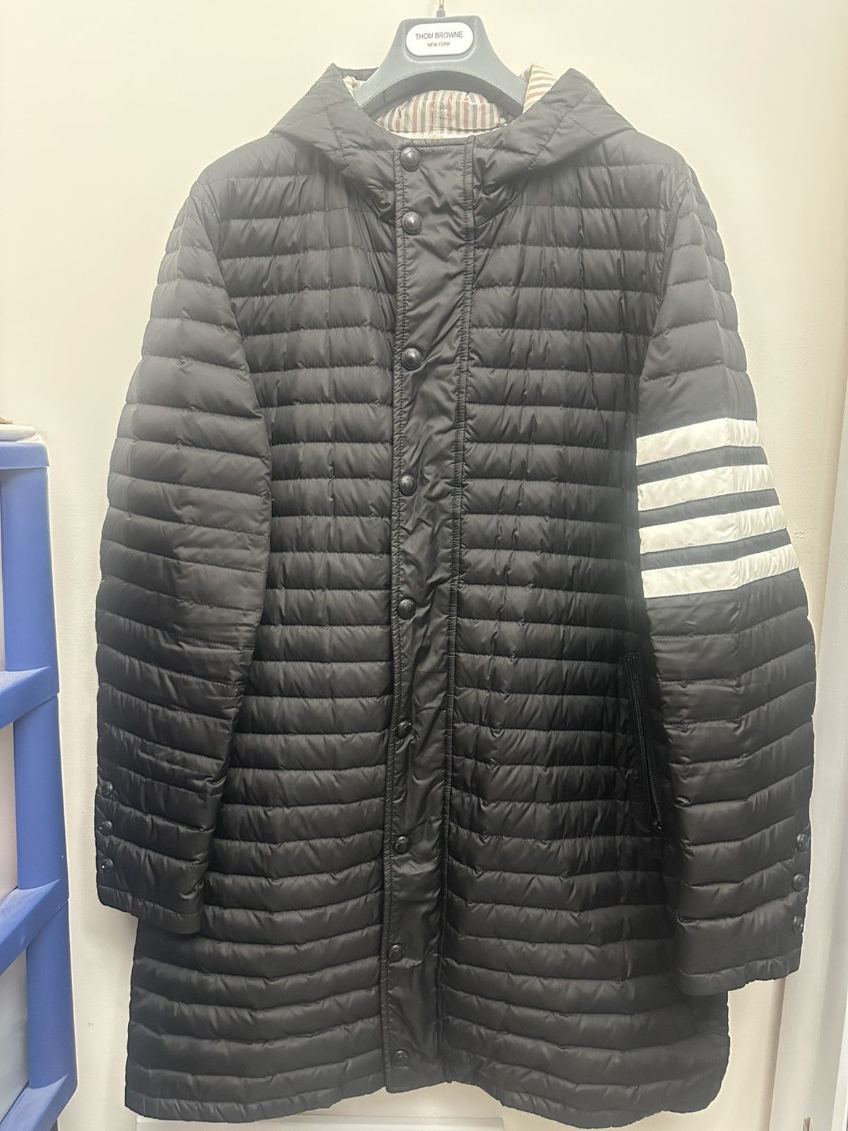 Thom Browne long navy down hooded jacket sz 4