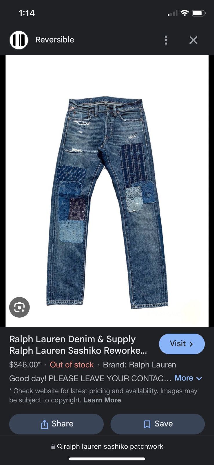 image of Polo Ralph Lauren Ralph Laurent Sashiko Patchwork Denim Jeans in Blue, Men's (Size 34)