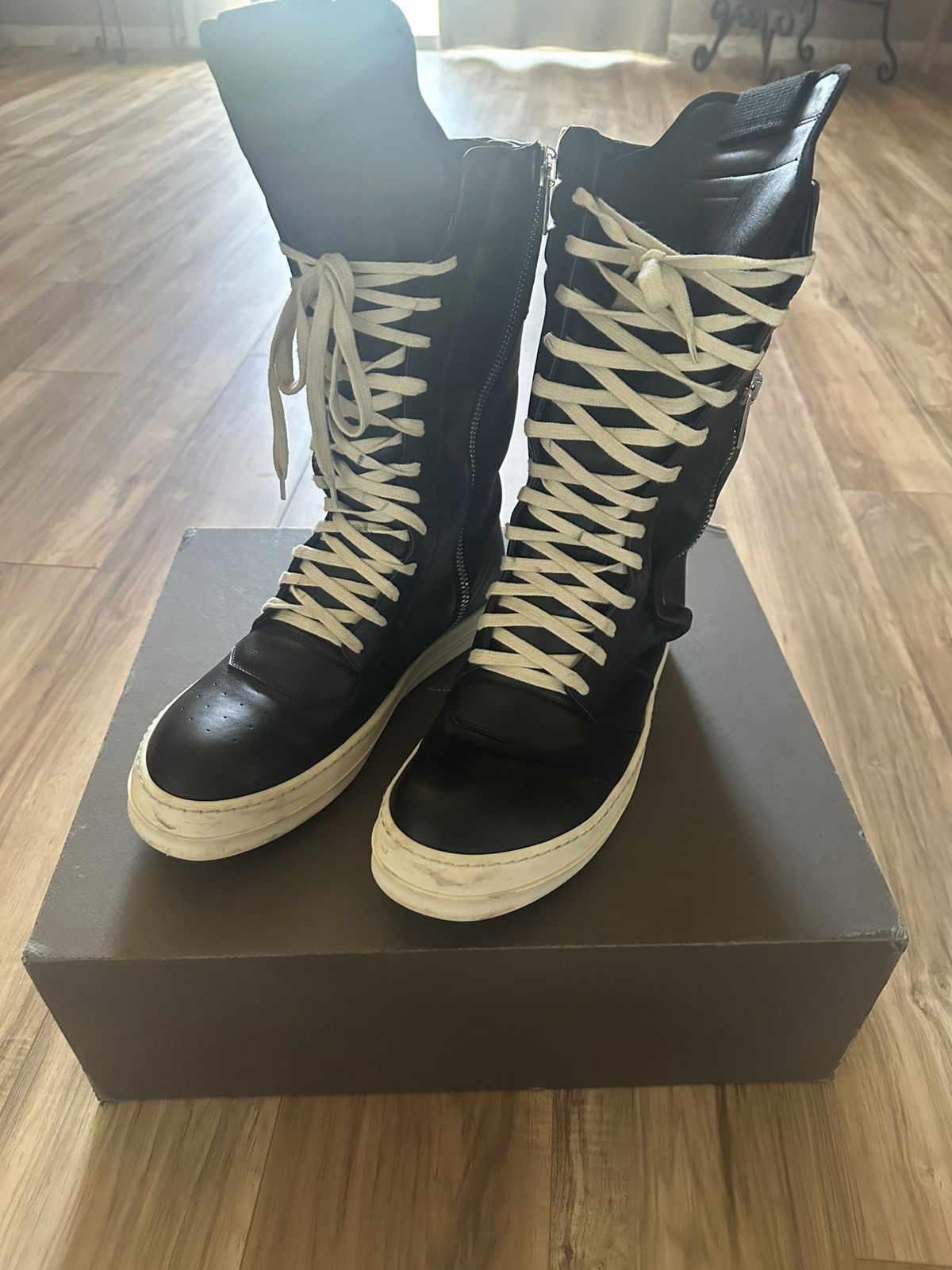Rick Owens Cargo Basket Leather Boots Black Milk Men's