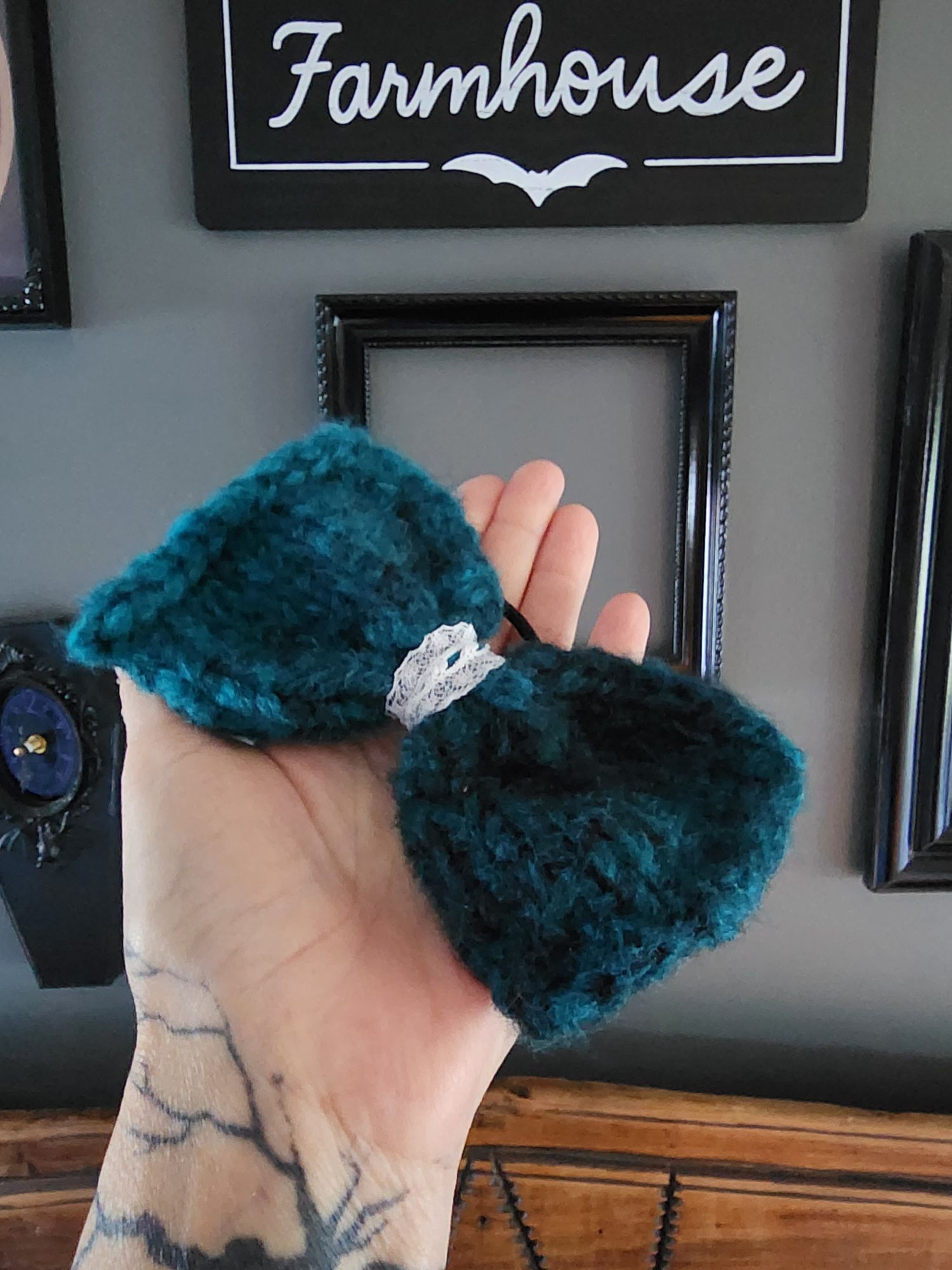 Handmade Knit Hair Bow, Handknitted Teal Ombre Ponytail Holder or Hai Size ONE SIZE - 10 Thumbnail