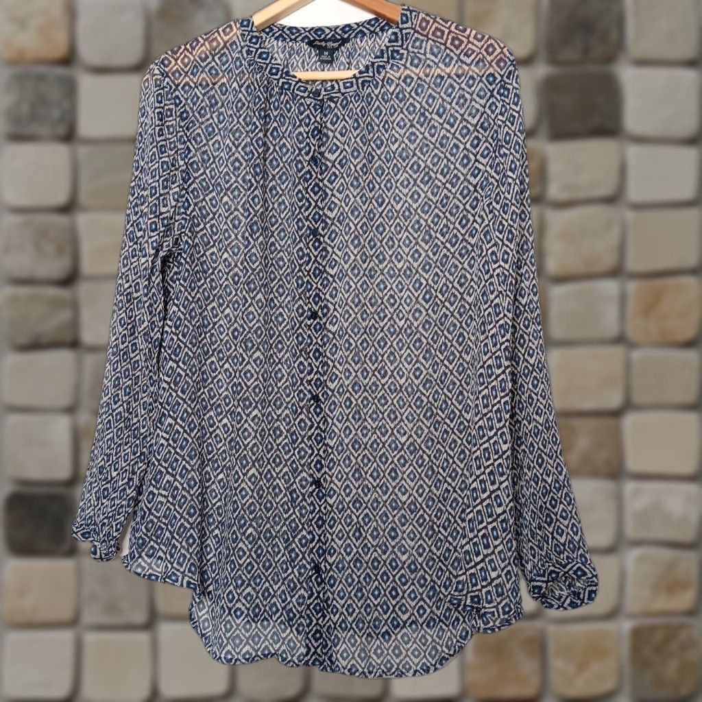 Lucky Brand Lucky Brand Blouse Shirt Button Up Womens M Blue Geometric Diamond Sheer Polyester Long Sleeve Casual office wear Size M / US 6-8 / IT 42-44 - 1 Thumbnail