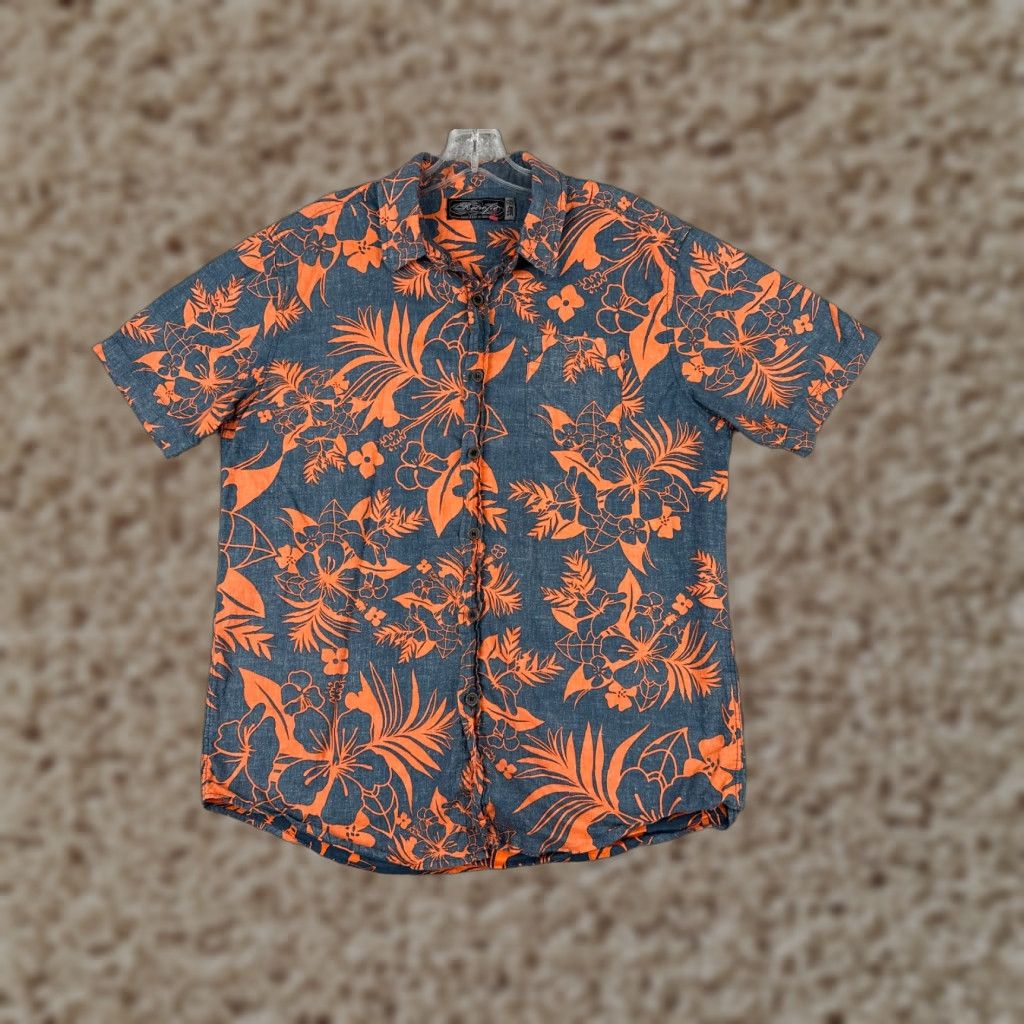Vintage Retro Fit Shirt Men Medium Gray Orange Floral Leaf 100% Cotton Hawaiian Size US M / EU 48-50 / 2 - 1 Thumbnail