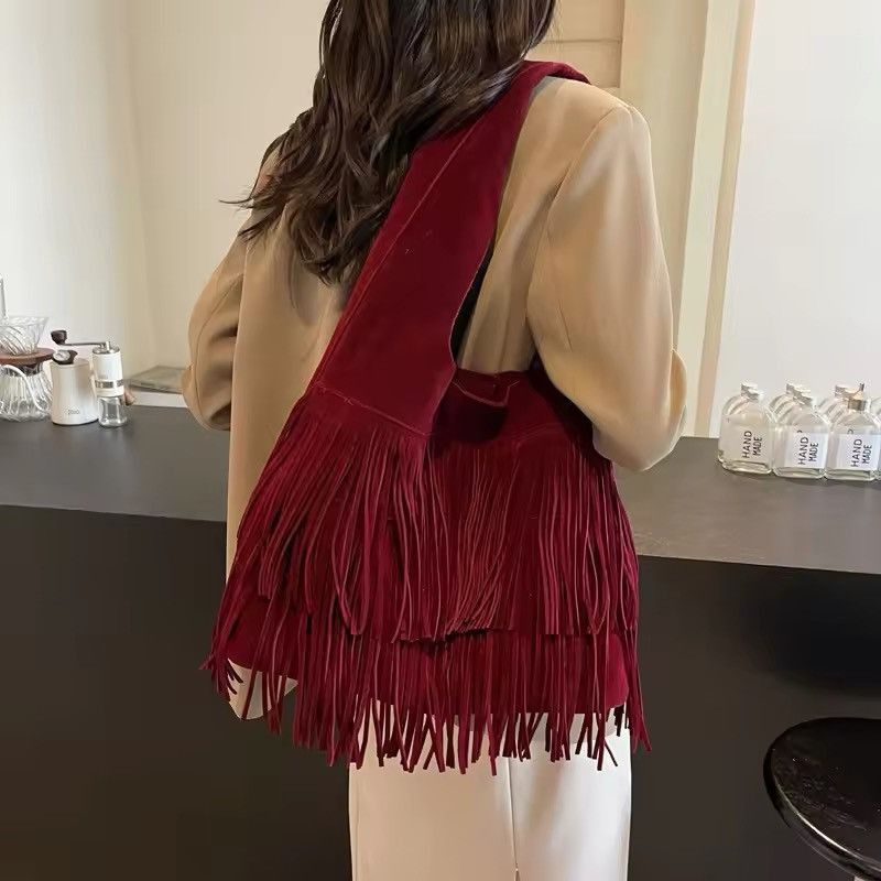 Designer × Vintage Boho Faux Suede Retro Shoulder Frosted Fringe Bag Size ONE SIZE - 6 Thumbnail