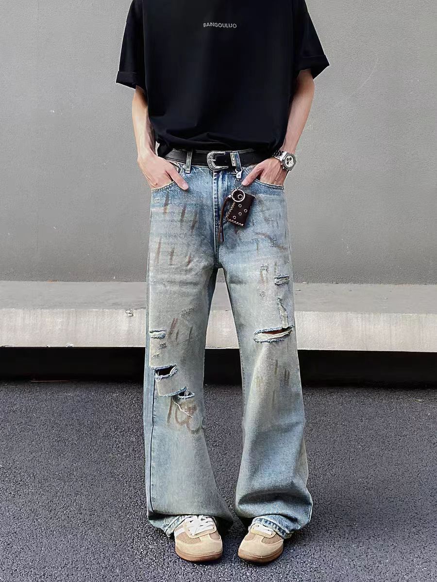 Designer × Jean × Vintage Vintage dirty-dyed graffiti ripped baggy jeans Size US 34 / EU 50 - 2 Thumbnail