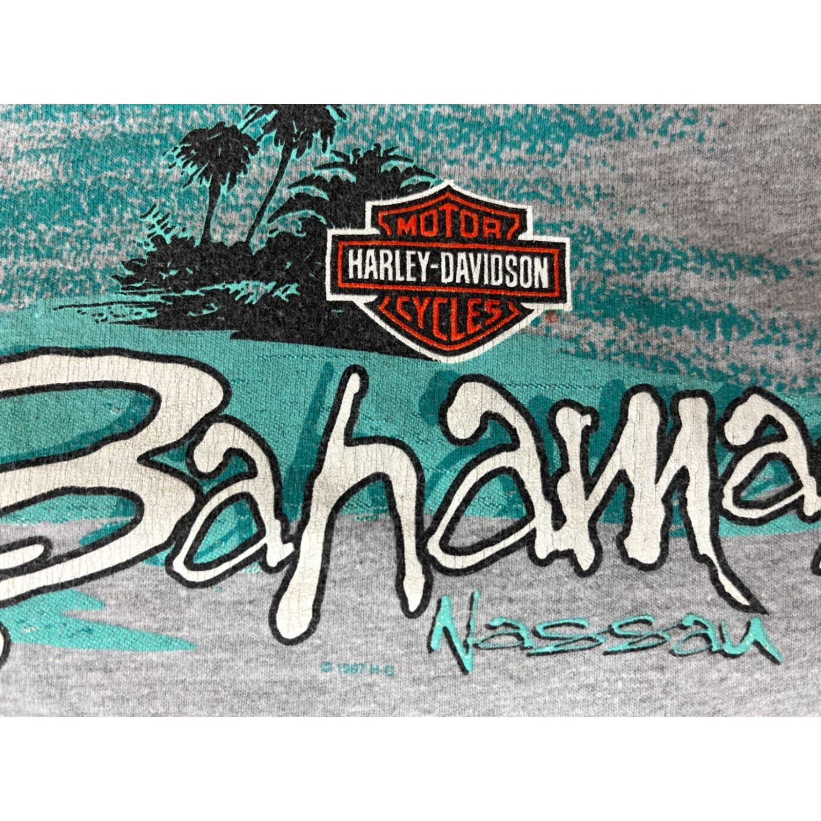 Harley Davidson VINTAGE Harley-Davidson Bahamas Nassau T-Shirt Double-Sided Mens Sz L Gray 1997 90s Motorcycle Graphic Print Crew Neck Short Sleeve Size US L / EU 52-54 / 3 - 6 Thumbnail