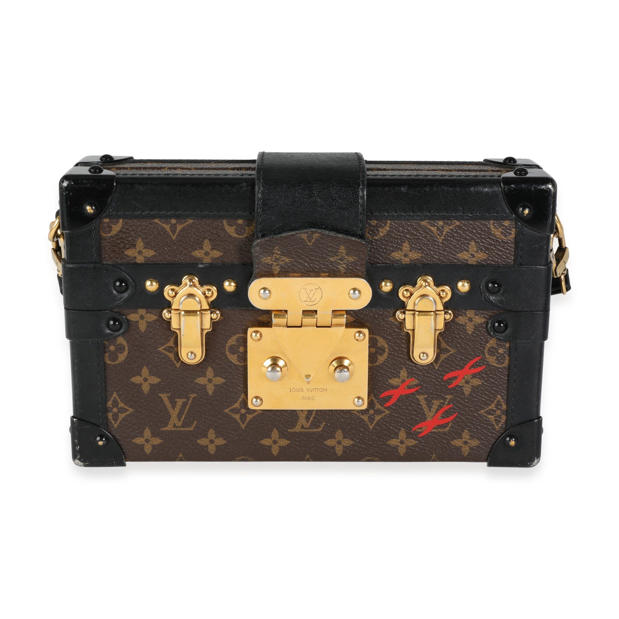 image of Louis Vuitton Monogram Canvas & Black Calfskin Petite Malle in Brown, Women's