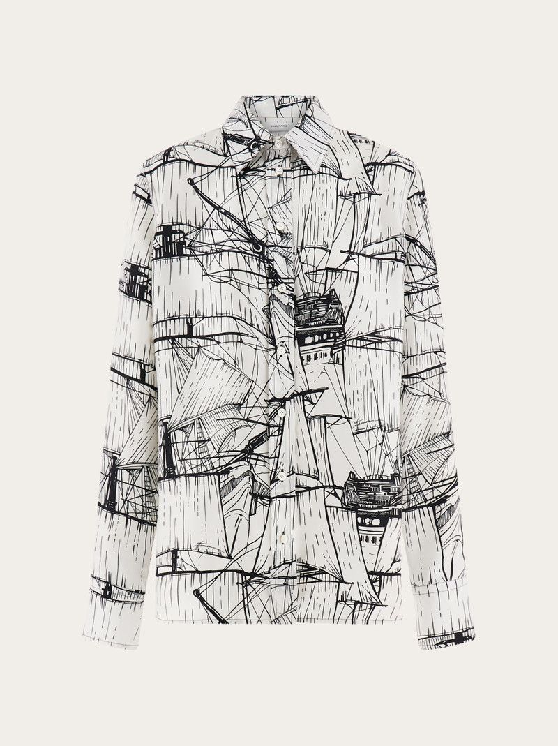 Salvatore Ferragamo o1s1rm0126 Nautical Printed Silk Shirt in White/Black Size M / US 6-8 / IT 42-44 - 1 Thumbnail
