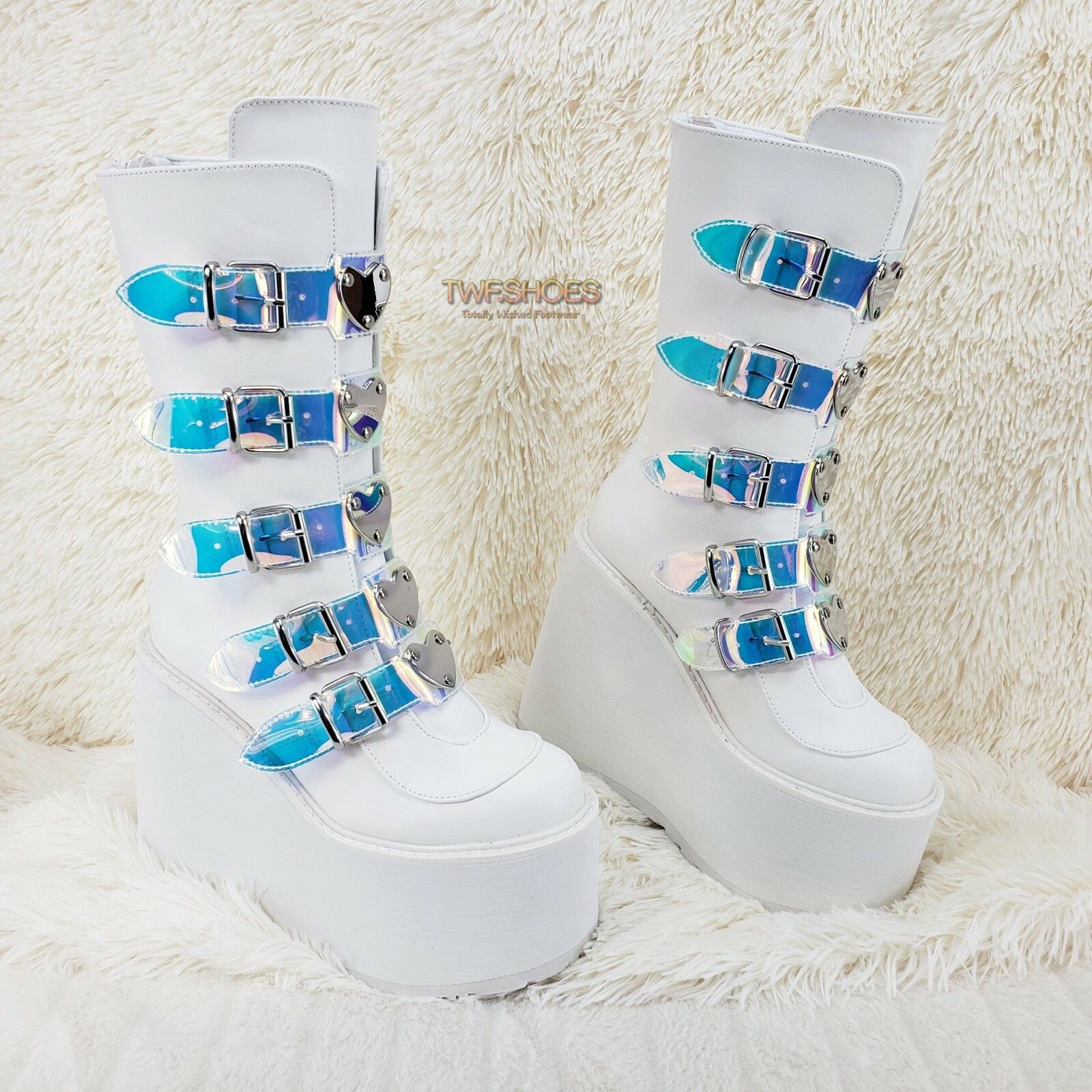 Other Cyber Swing 230 White Boot 5.5" Platform Heart Hologram Stra Size US 9 / IT 39 - 2 Thumbnail