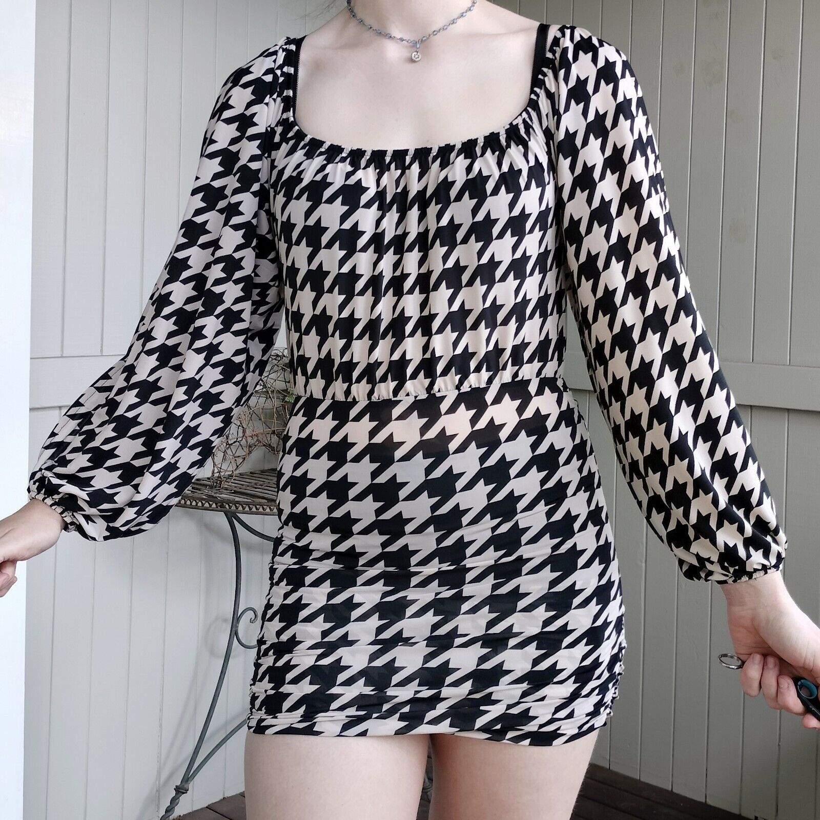 Other Vintage Y2K 2000s Dress Cream Black Mini Bodycon Houndstooth Size M / US 6-8 / IT 42-44 - 5 Thumbnail