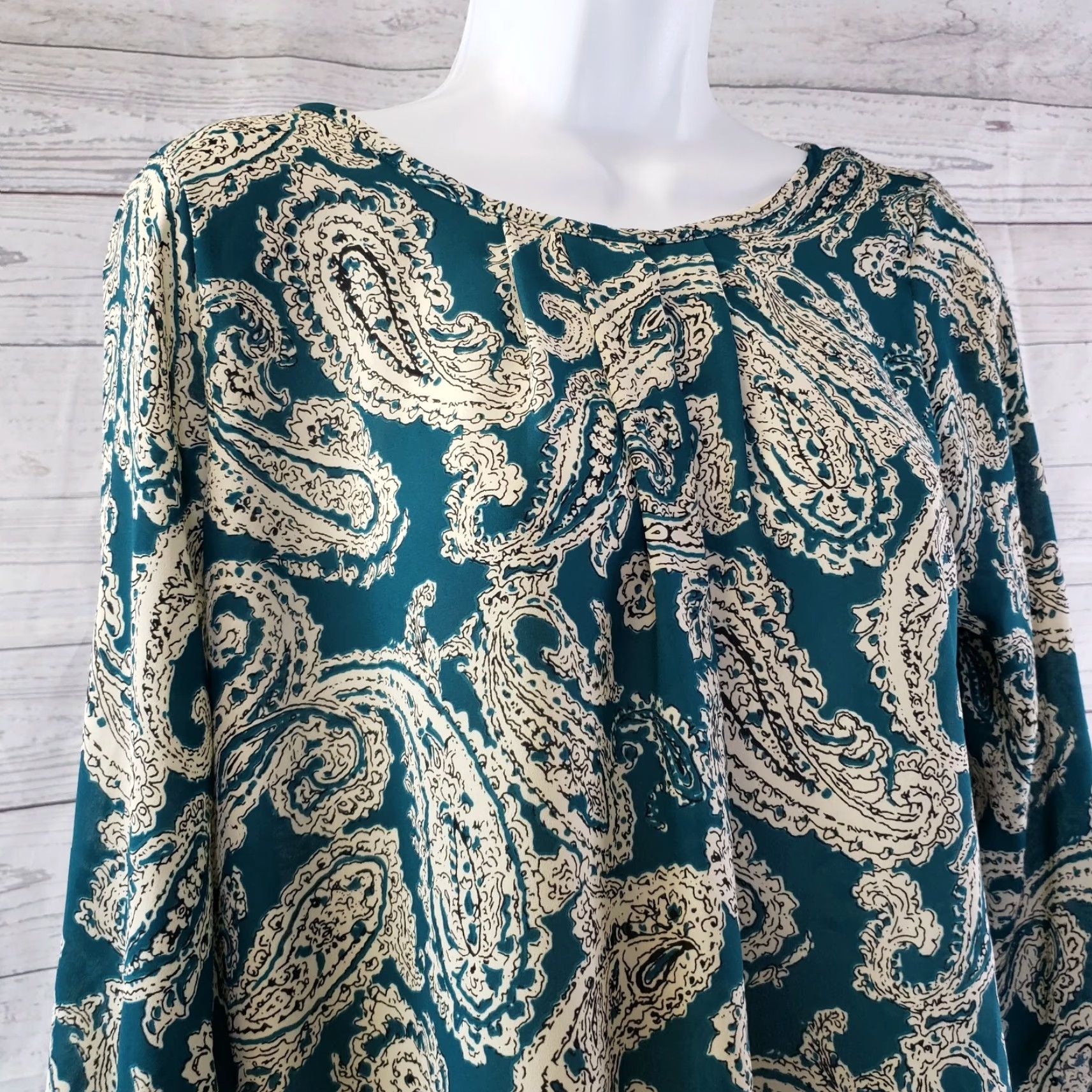 Vintage Papermoon for Stitch Fix Womens Top M Teal Beige Paisley 3/4 Sleeve Blouse Shirt Womens Size M / US 6-8 / IT 42-44 - 2 Thumbnail