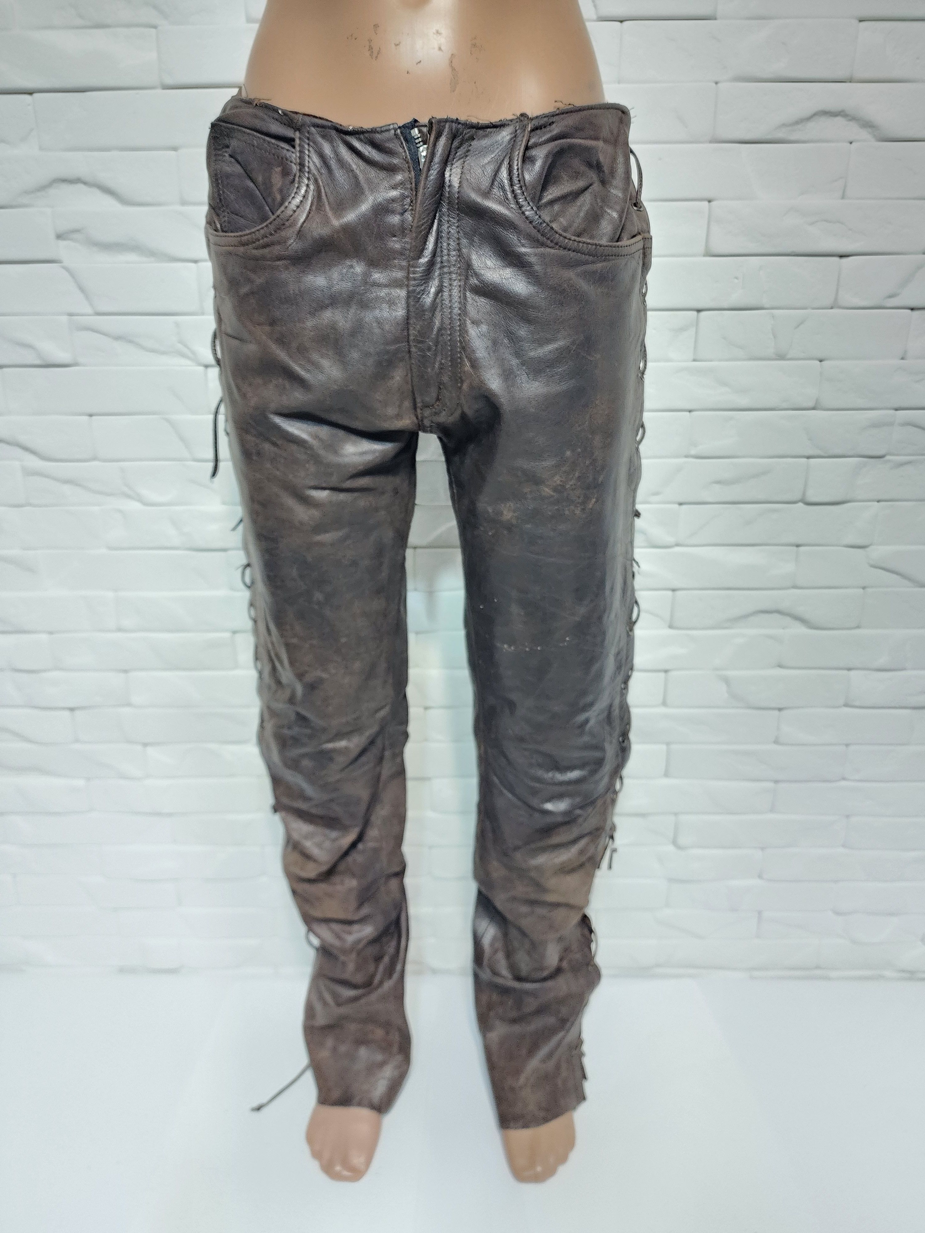 Genuine Leather Brown Leather Motorcycle Pants with Lacing Size US 28 / EU 44 - 2 Thumbnail