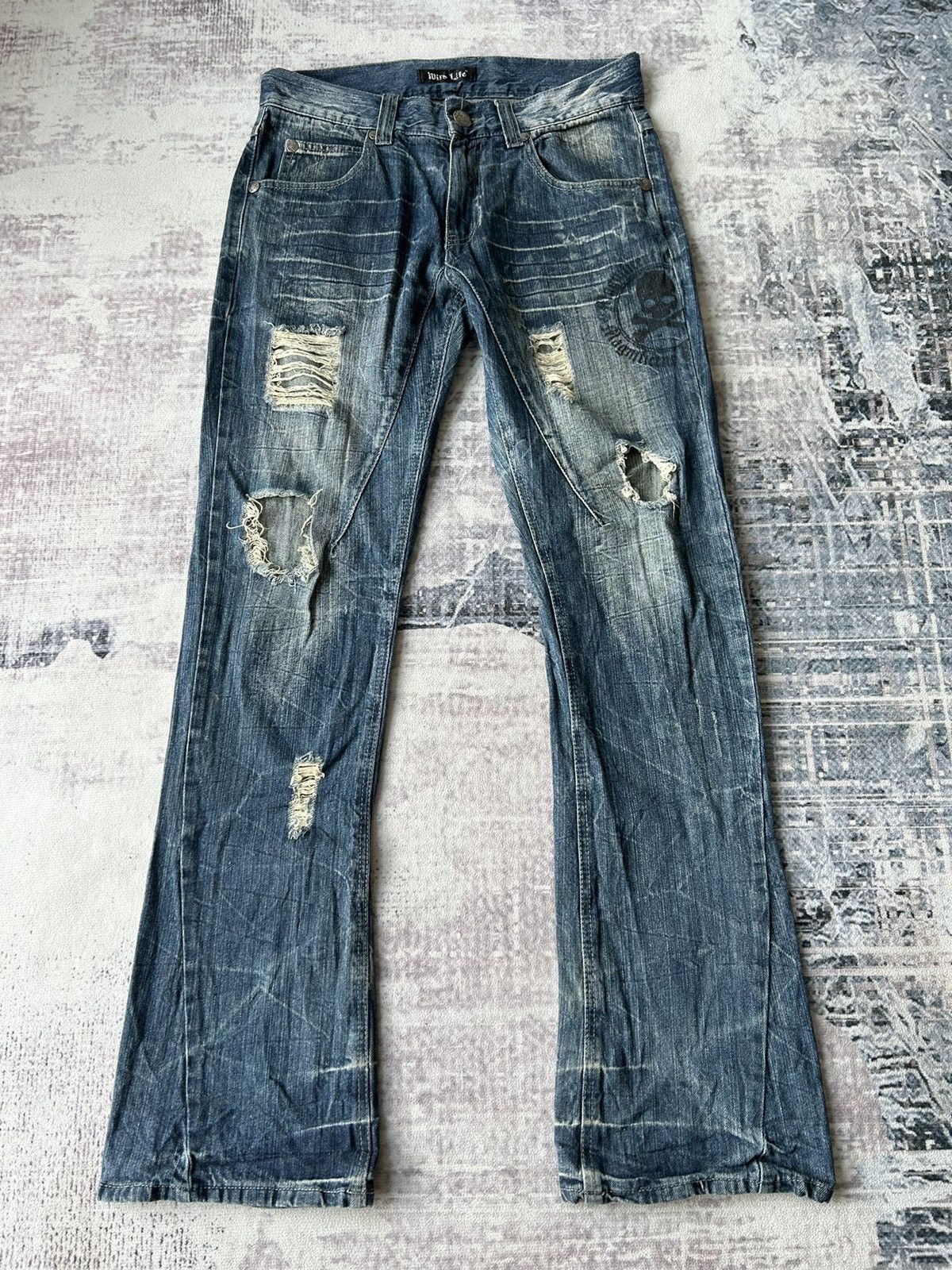 If Six Was Nine Punk Skull Flared Distressed Jeans Style Size US 32 / EU 48 - 1 Thumbnail