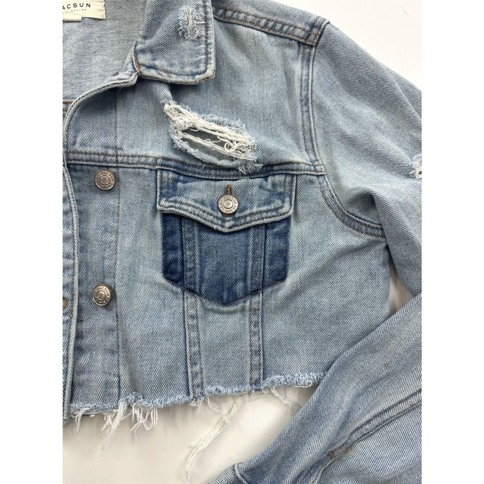 Pacsun Pacsun Denim Jacket Womens Small Blue Cropped Distressed Casual Party/Cocktail Travel Short Jacket with Pockets Size S / US 4 / IT 40 - 3 Thumbnail