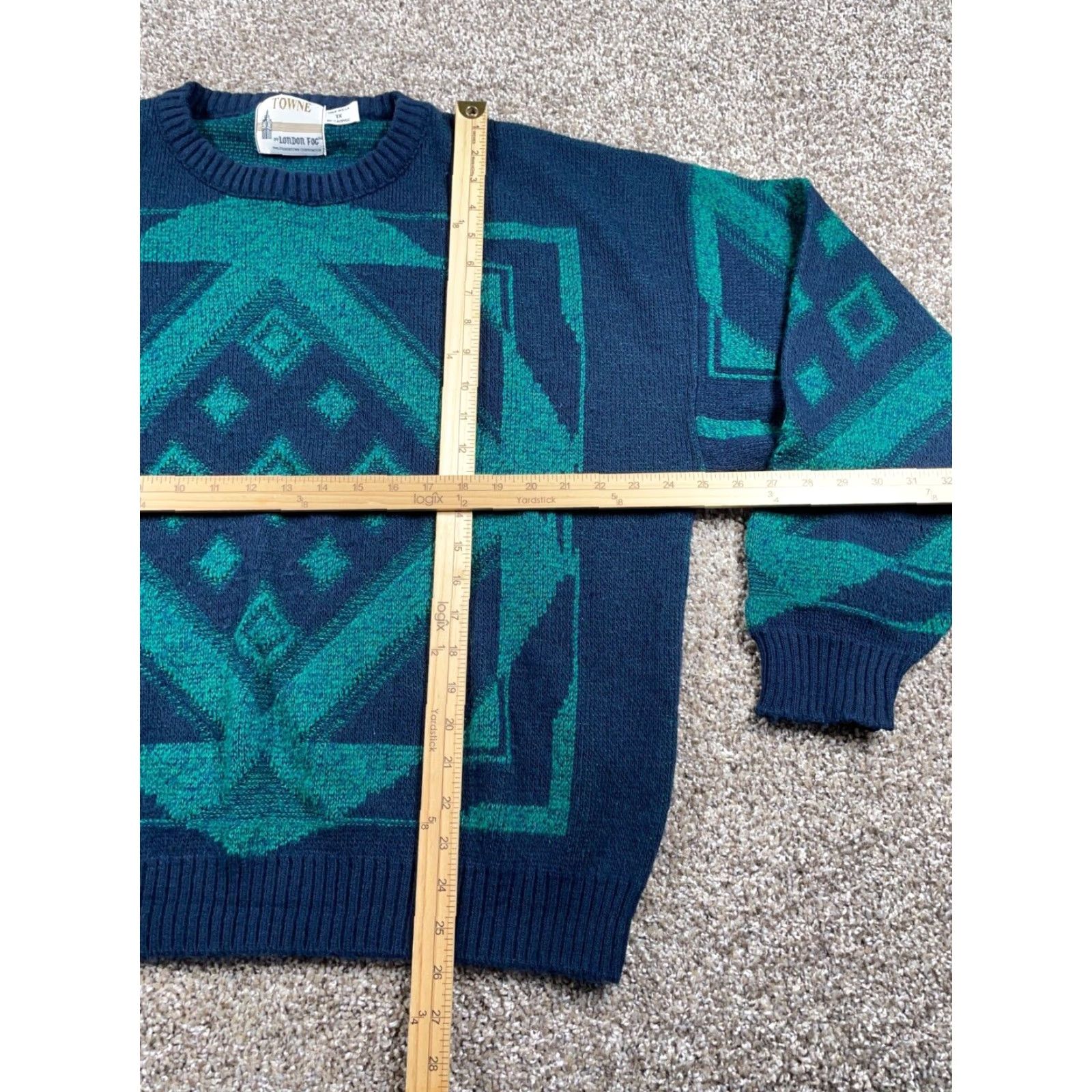 London Fog VINTAGE 90s Geometric Pattern London Fog Sweater Big 1X Dark Blue Green Lightweight Knit Mens Pullover Crew Neck Long Sleeve Casual Knitwear Size US XL / EU 56 / 4 - 5 Thumbnail
