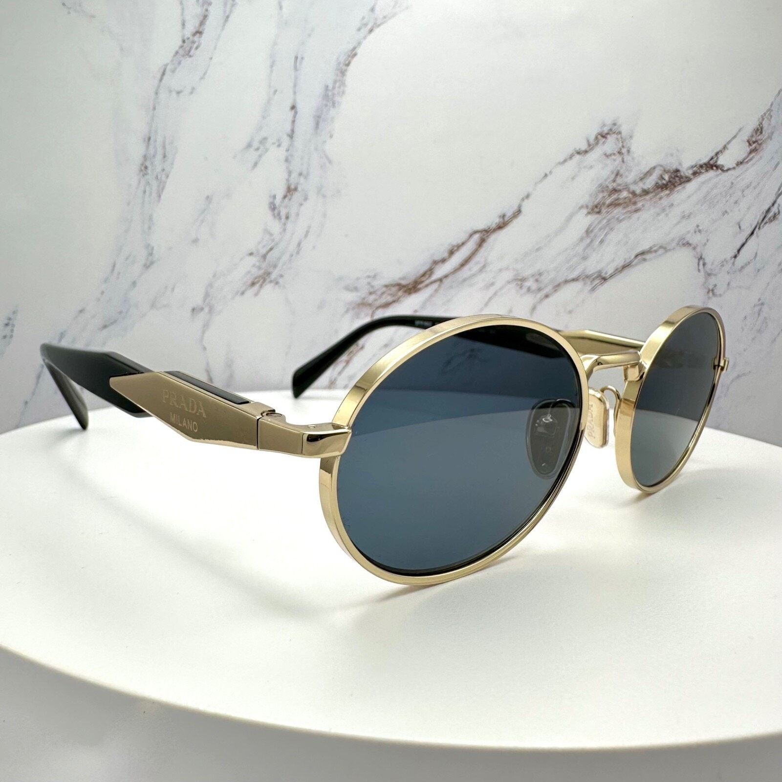 New PRADA Sunglasses Metal Oval Black PRADA Symbole Logo