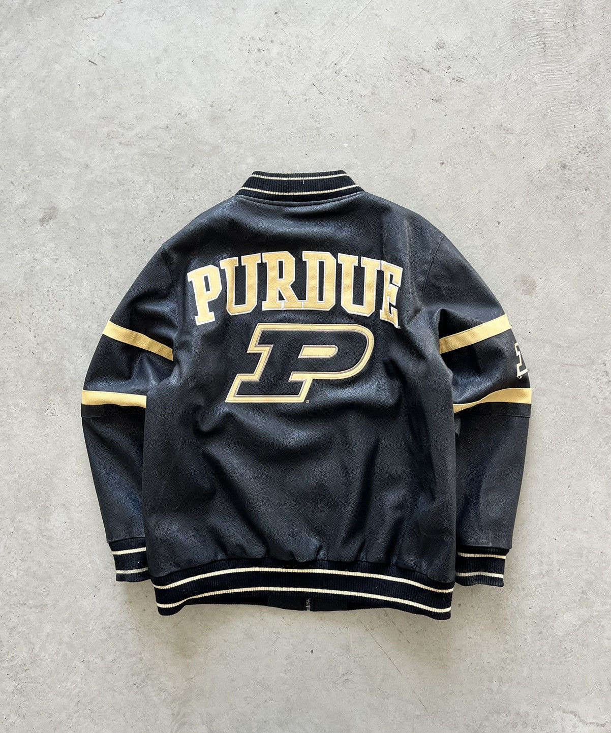 image of NCAA x Vintage Purdue Leather Jacket in Black, Men's (Size Large)