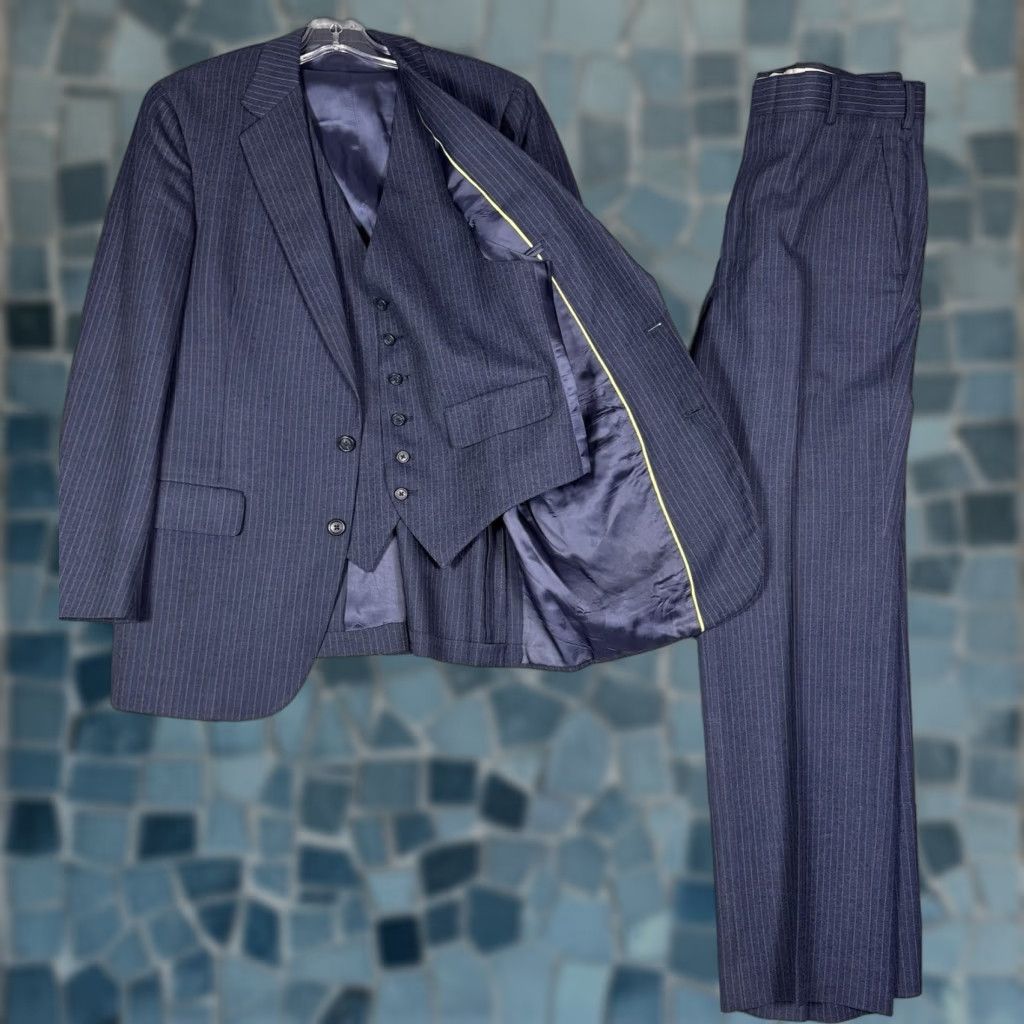 Austin Reed VINTAGE Austin Reed Suit Mens 40L 34x31 Regentaire 3 Piece Slacks Jacket Vest USA Stripe Stripe Wool Blue Pattern 80s 90s City Classic Preppy Dad Mens Size US XXS / EU 40 - 1 Thumbnail